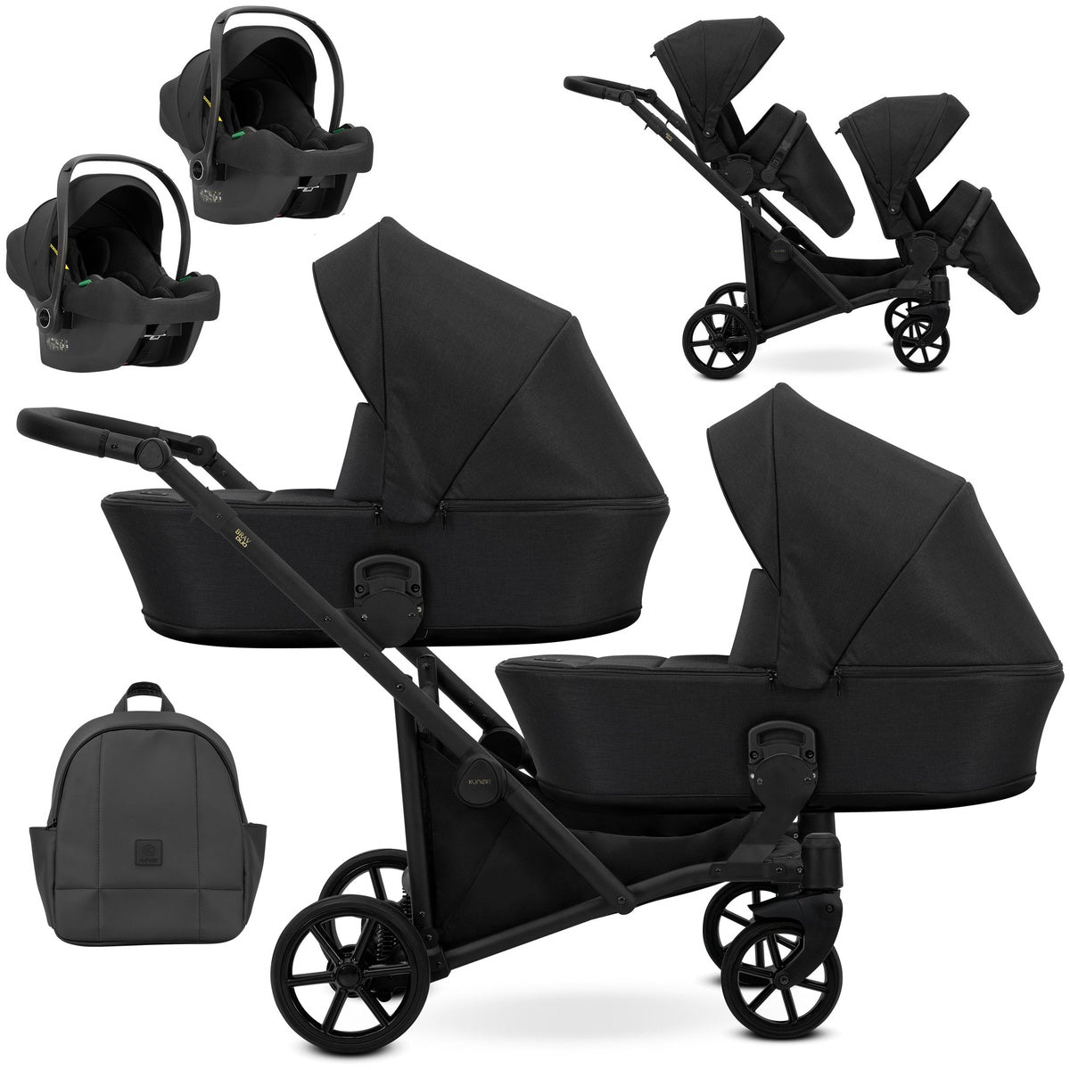 Zwillingskinderwagen-Set, Ansicht bestehend aus zwei 3-in-1 Kinderwagen in Schwarz mit schwarzem Rahmen und einer Tasche sowie 2x Kinderautositze.