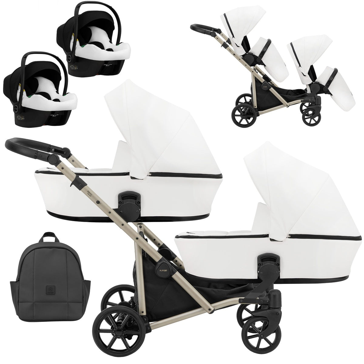 Zwillingskinderwagen-Set, Ansicht bestehend aus zwei 3-in-1 Kinderwagen in Weiß mit schwarzem Rahmen sowie einer Tasche und 2x Kinderautositz.