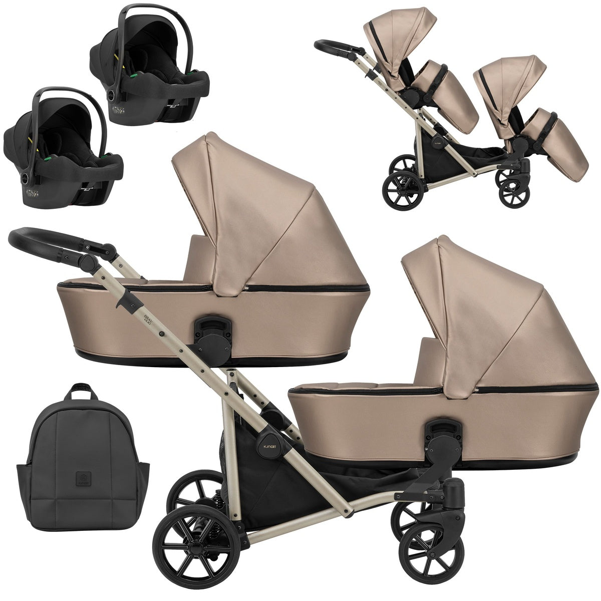 Zwillingskinderwagen-Set, Ansicht bestehend aus zwei 3-in-1 Kinderwagen in Braun mit schwarzem Rahmen sowie einer Tasche und 2x Kinderautositz.