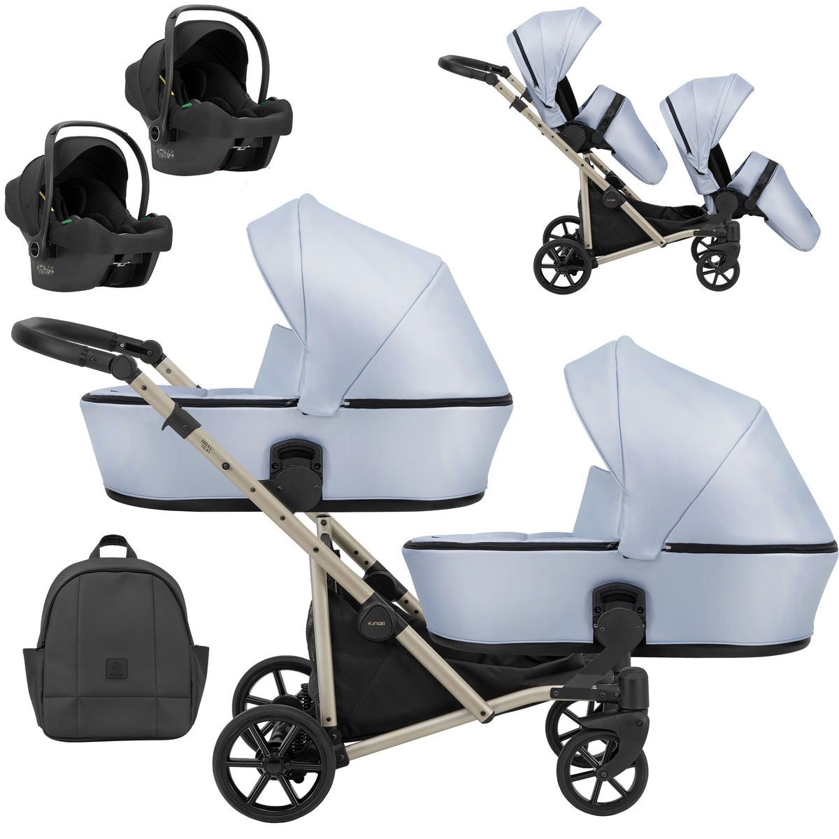 Zwillingskinderwagen-Set, Ansicht bestehend aus zwei 3-in-1 Kinderwagen in Blau mit schwarzem Rahmen sowie einer Tasche und 2x Kinderautositz.