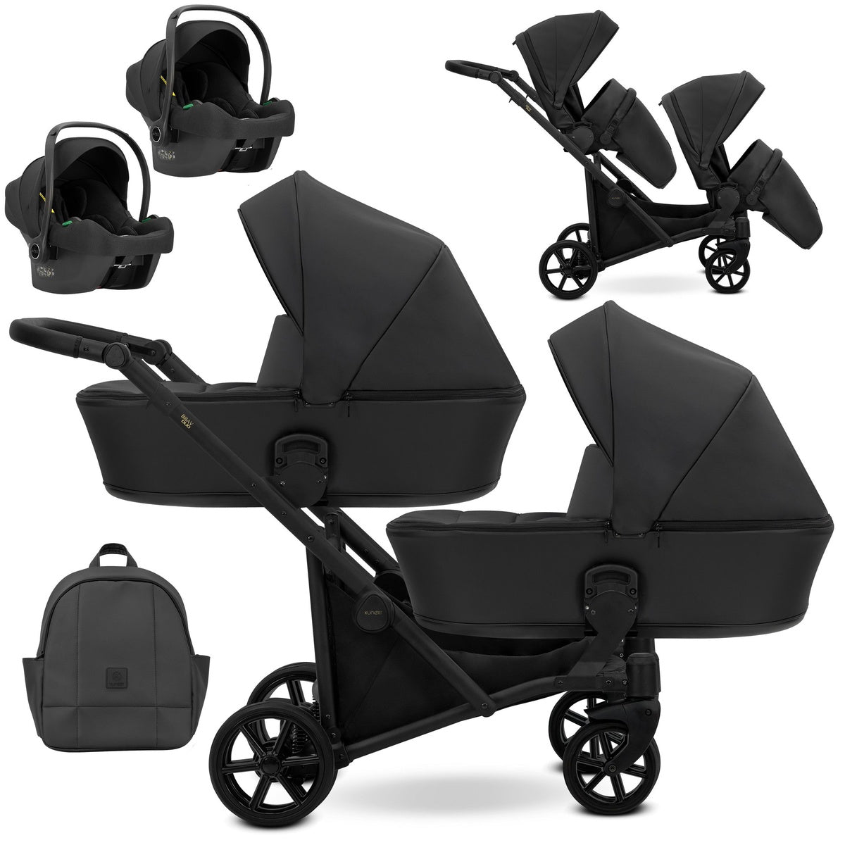 Zwillingskinderwagen-Set, Ansicht bestehend aus zwei 3-in-1 Kinderwagen in Schwarz mit schwarzem Rahmen sowie einer Tasche und 2x Kinderautositz.
