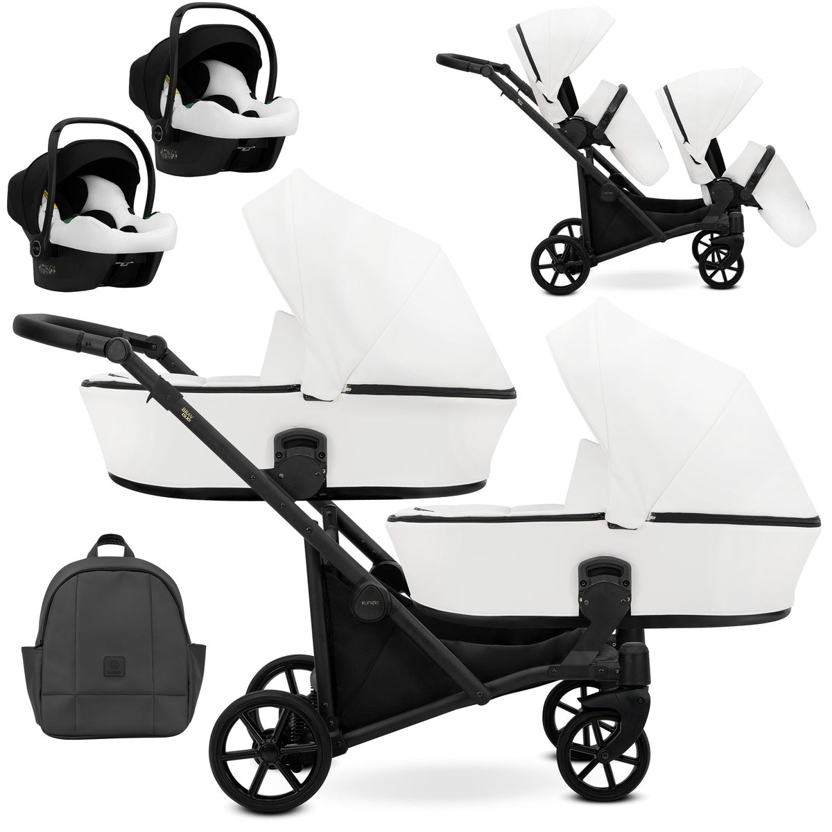 Zwillingskinderwagen-Set, Ansicht bestehend aus zwei 3-in-1 Kinderwagen in Weiß mit schwarzem Rahmen sowie einer Tasche und 2x Kinderautositz.