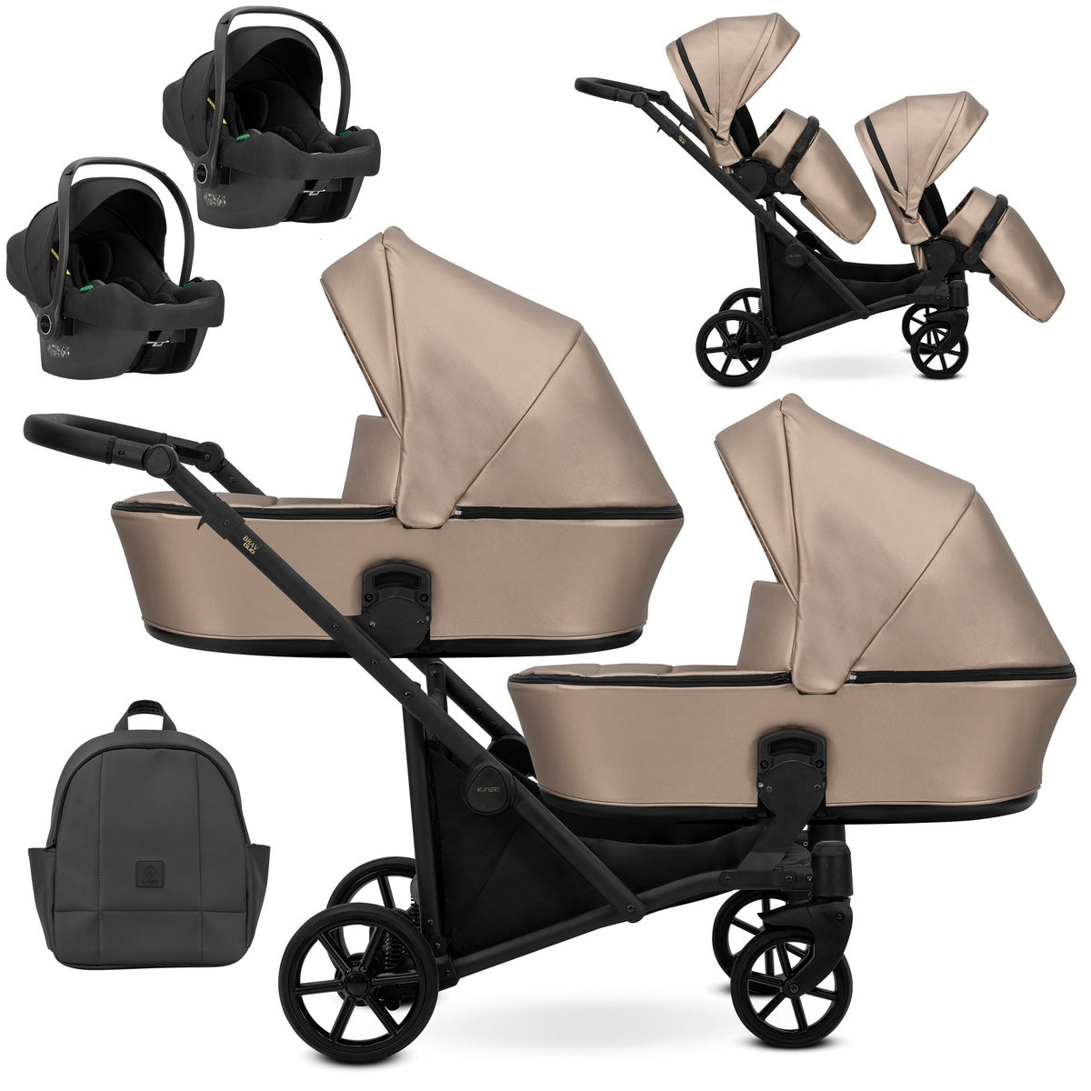 Zwillingskinderwagen-Set, Ansicht bestehend aus zwei 3-in-1 Kinderwagen in Braun mit schwarzem Rahmen sowie einer Tasche und 2x Kinderautositz.