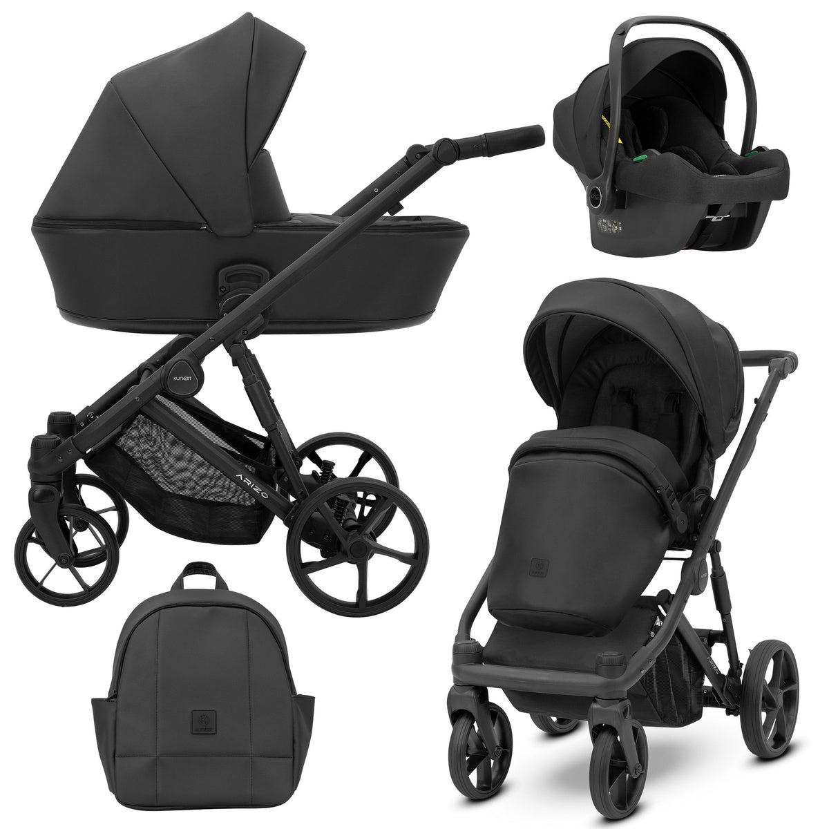 Schwarzer Kombikinderwagen in drei Ansichten: links Seitenansicht mit Babywanne, rechts Frontansicht mit Sportsitz, unten Vorderansicht eines passenden Rucksacks, rechts oben Ansicht eines passenden Autositz dazu.