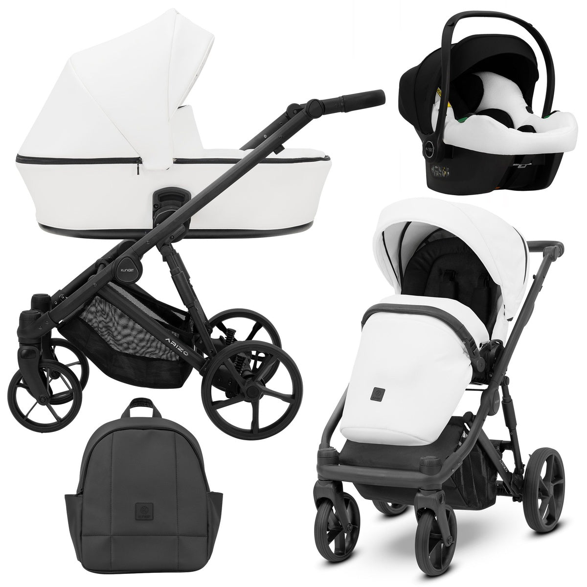 Weißer Kombikinderwagen in drei Ansichten: links Seitenansicht mit Babywanne, rechts Frontansicht mit Sportsitz, unten Vorderansicht eines passenden Rucksacks, rechts oben Ansicht eines passenden Autositz dazu.