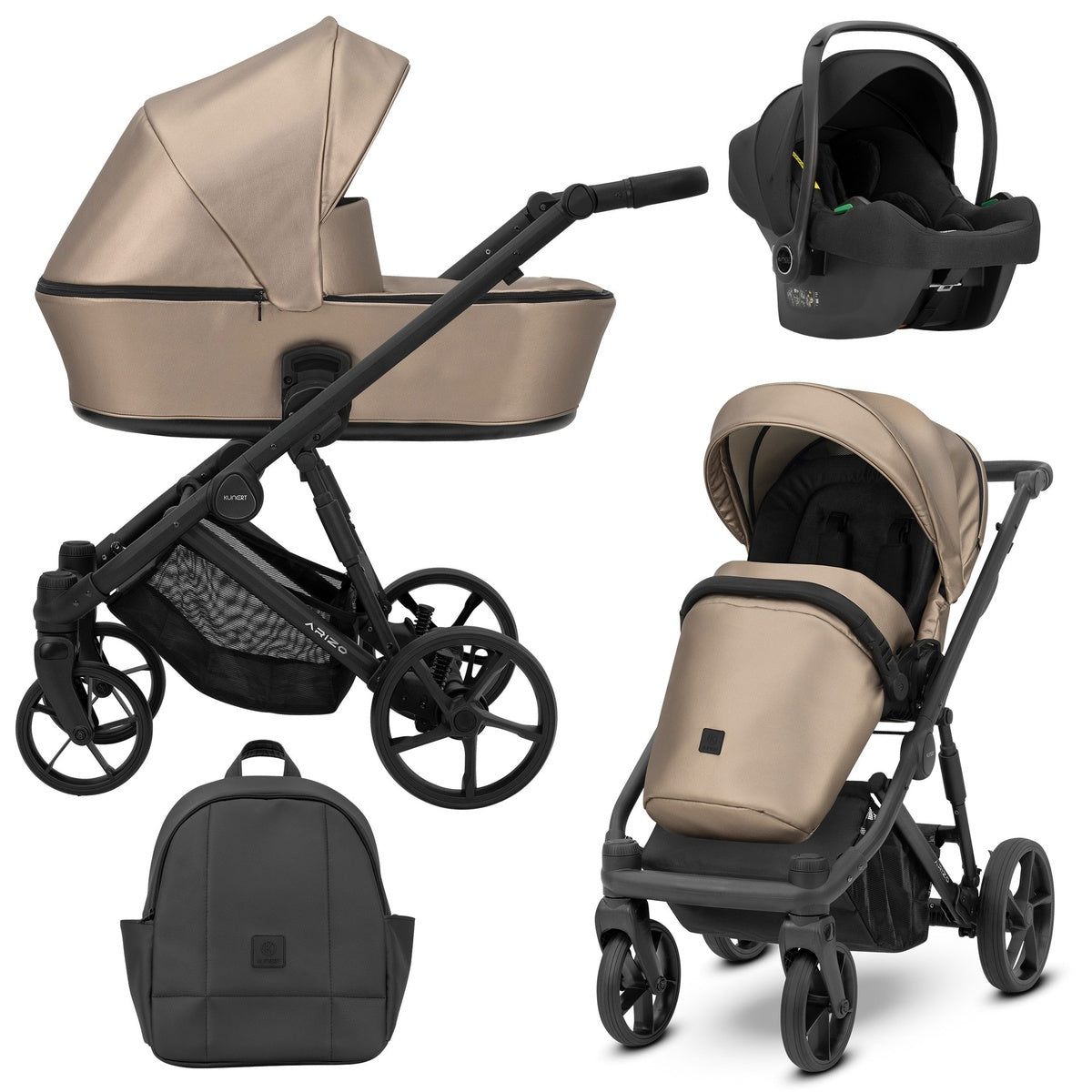 Schwarzer Kombikinderwagen in drei Ansichten: links Seitenansicht mit Babywanne, rechts Frontansicht mit Sportsitz, unten Vorderansicht eines passenden Rucksacks, rechts oben Ansicht eines passenden Autositz dazu.