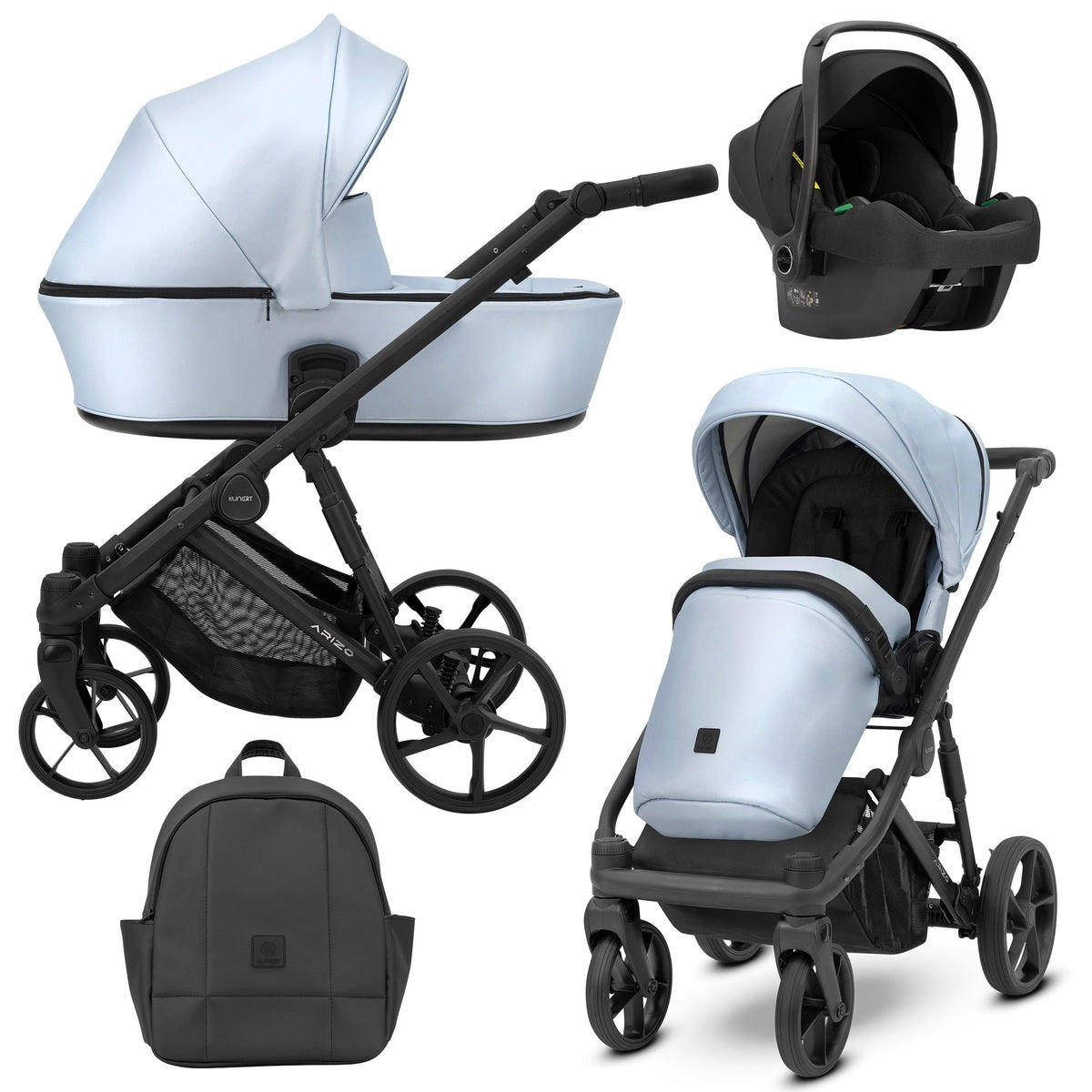 Hellblauer Kombikinderwagen in drei Ansichten: links Seitenansicht mit Babywanne, rechts Frontansicht mit Sportsitz, unten Vorderansicht eines passenden Rucksacks, rechts oben Ansicht eines passenden Autositz dazu.