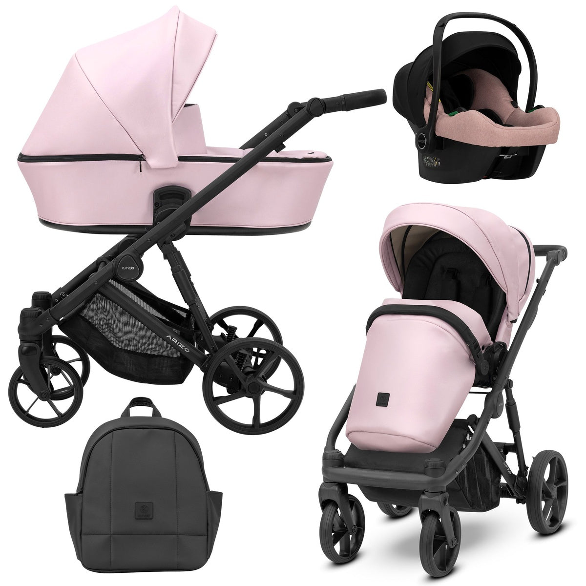 Hellpinker Kombikinderwagen in drei Ansichten: links Seitenansicht mit Babywanne, rechts Frontansicht mit Sportsitz, unten Vorderansicht eines passenden Rucksacks, rechts oben Ansicht eines passenden Autositz dazu, rechts oben Ansicht eines passenden Auto
