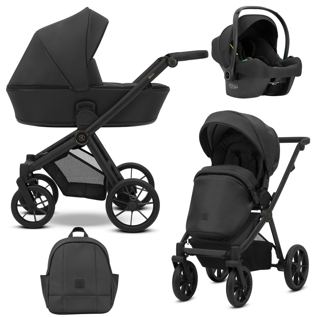 Kombikinderwagen in drei Ansichten: links Seitenansicht mit Babywanne, rechts Frontansicht mit Sportsitz, unten Vorderansicht eines passenden Rucksacks, rechts oben Ansicht eines passenden Autositz dazu.