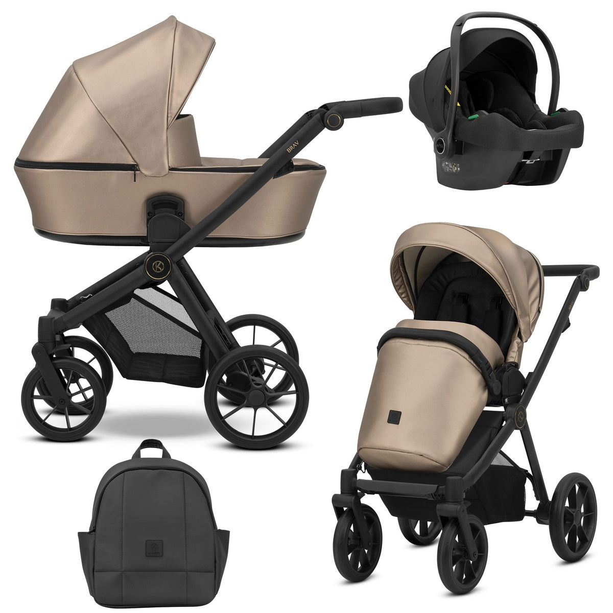 Kombikinderwagen in drei Ansichten: links Seitenansicht mit Babywanne, rechts Frontansicht mit Sportsitz, unten Vorderansicht eines passenden Rucksacks, rechts oben Ansicht eines passenden Autositz dazu.