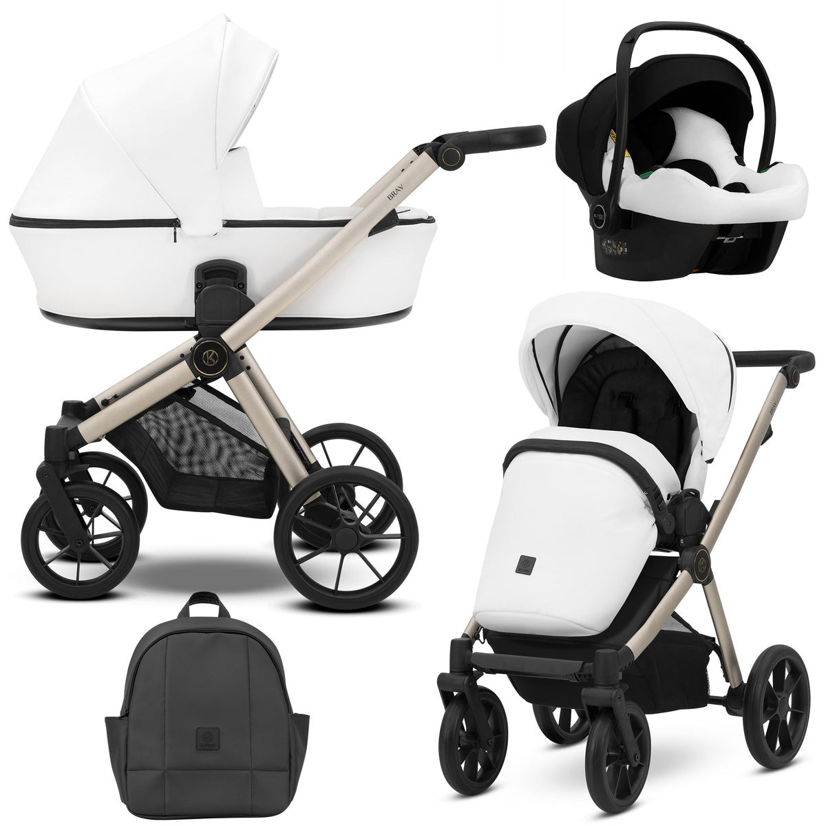 Kombikinderwagen in drei Ansichten: links Seitenansicht mit Babywanne, rechts Frontansicht mit Sportsitz, unten Vorderansicht eines passenden Rucksacks, rechts oben Ansicht eines passenden Autositz dazu.