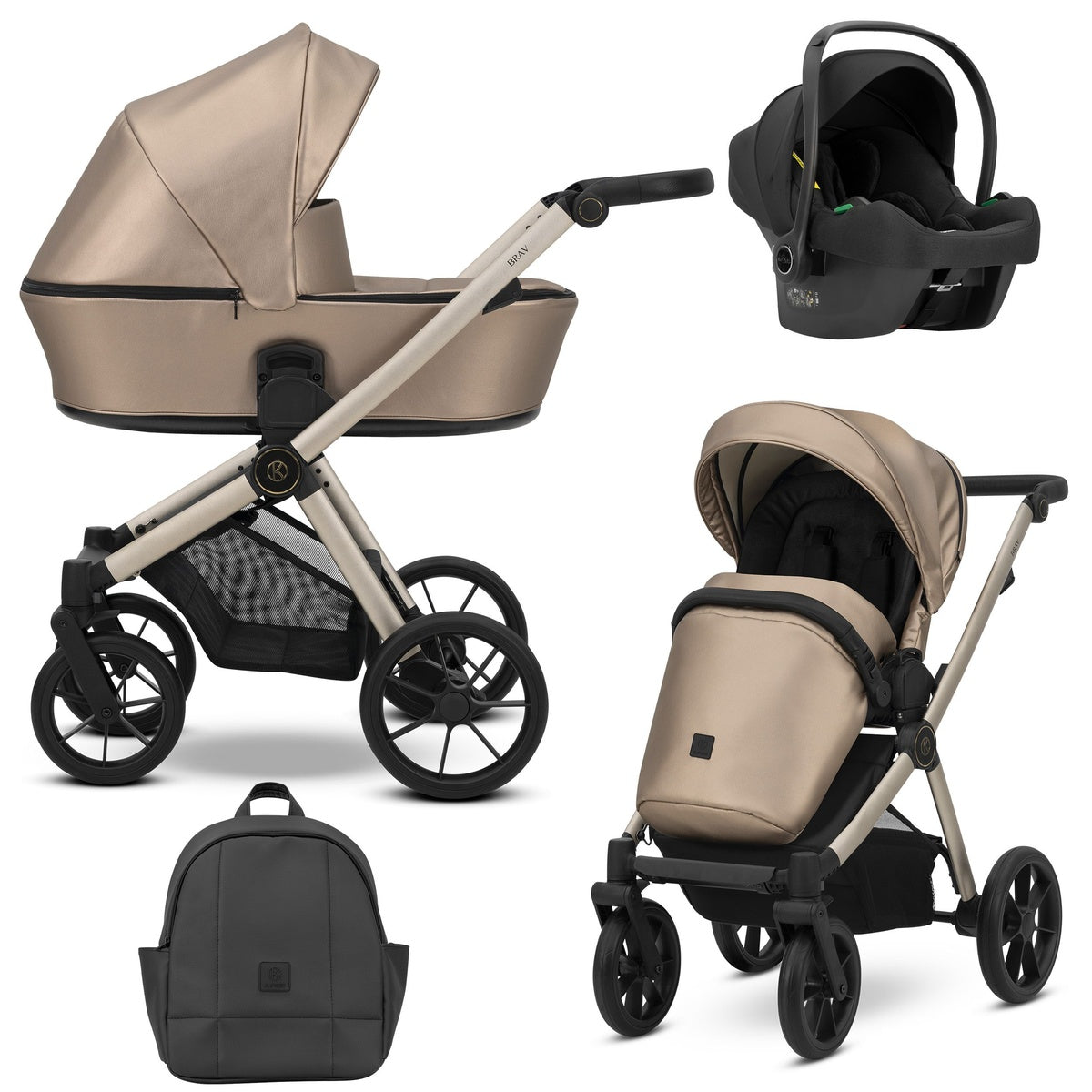 Kombikinderwagen in drei Ansichten: links Seitenansicht mit Babywanne, rechts Frontansicht mit Sportsitz, unten Vorderansicht eines passenden Rucksacks, rechts oben Ansicht eines passenden Autositz dazu.