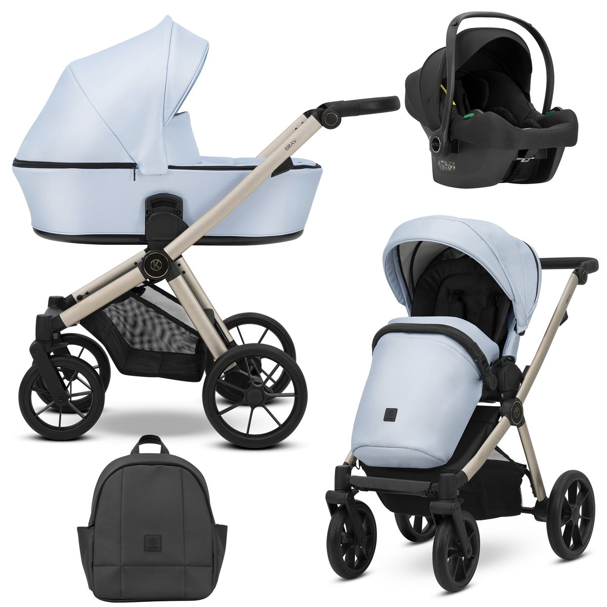 Kombikinderwagen in drei Ansichten: links Seitenansicht mit Babywanne, rechts Frontansicht mit Sportsitz, unten Vorderansicht eines passenden Rucksacks, rechts oben Ansicht eines passenden Autositz dazu.