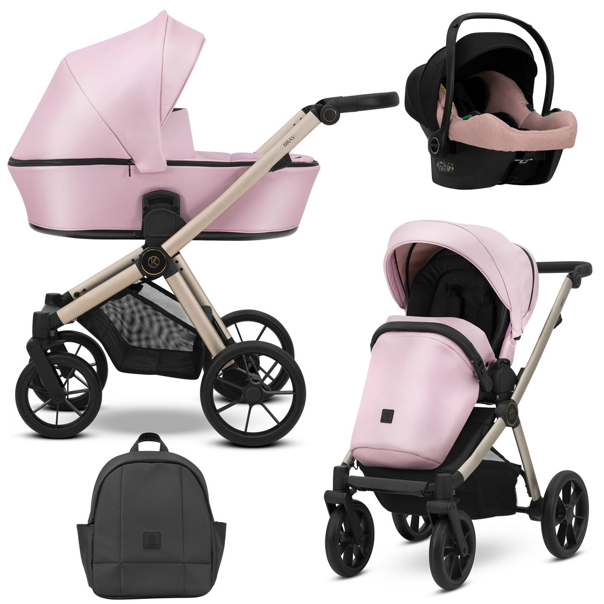 Kombikinderwagen in drei Ansichten: links Seitenansicht mit Babywanne, rechts Frontansicht mit Sportsitz, unten Vorderansicht eines passenden Rucksacks, rechts oben Ansicht eines passenden Autositz dazu.