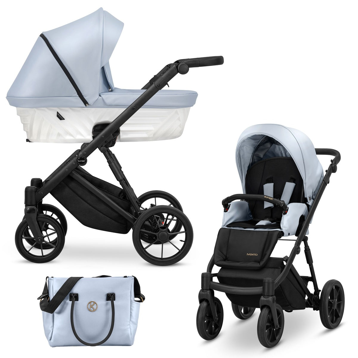 Kombikinderwagen in drei Ansichten: links Seitenansicht mit Babywanne, rechts Frontansicht mit Sportsitz, unten Vorderansicht eines passenden Rucksacks.