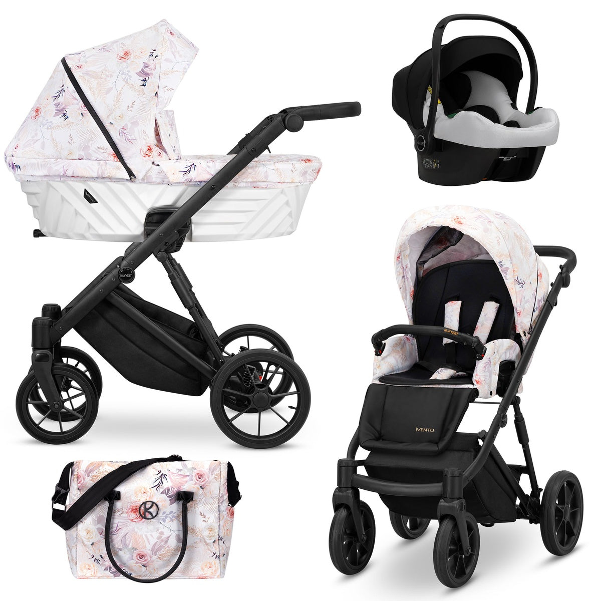 Kombikinderwagen in drei Ansichten: links Seitenansicht mit Babywanne, rechts Frontansicht mit Sportsitz, unten Vorderansicht eines passenden Rucksacks.