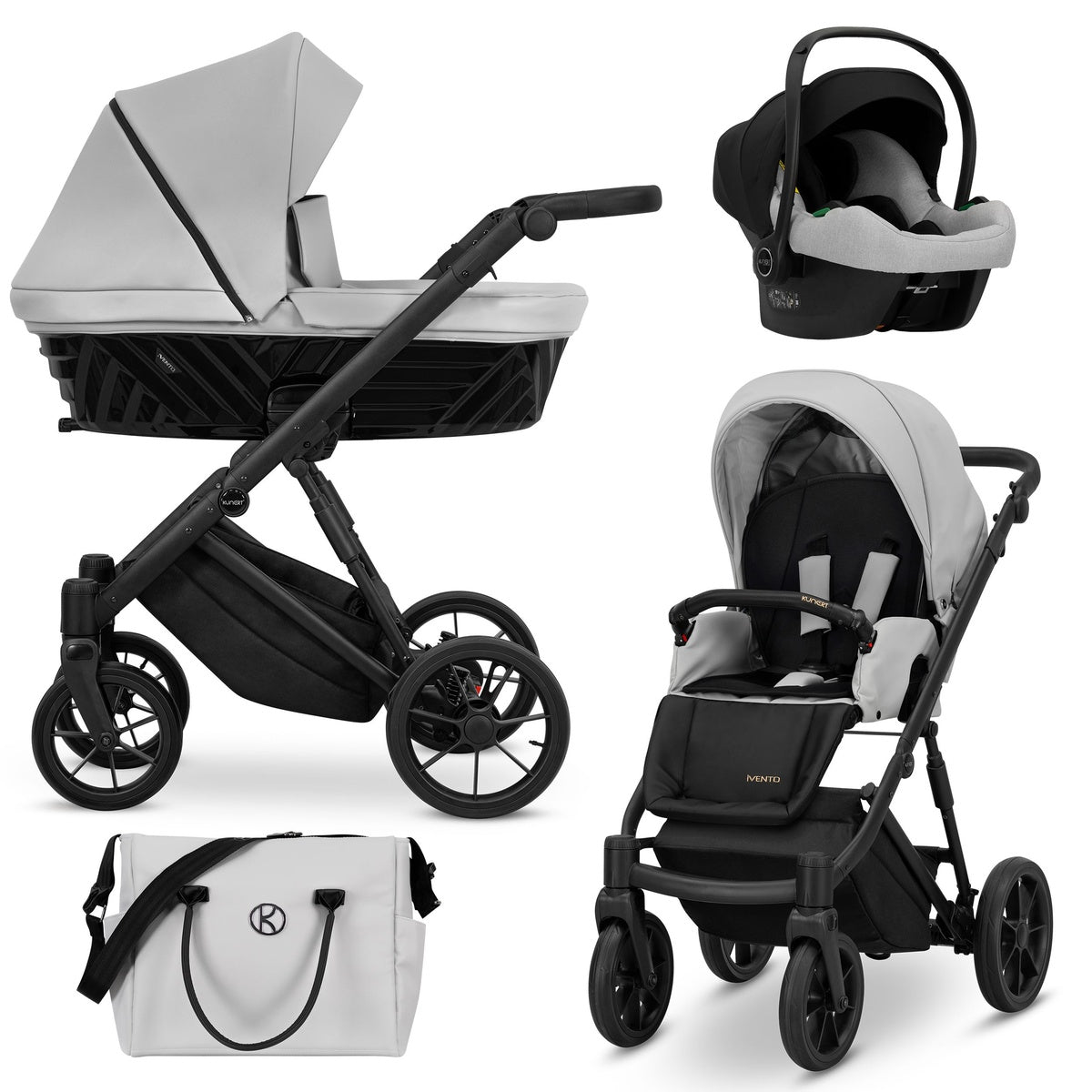 Kombikinderwagen in drei Ansichten: links Seitenansicht mit Babywanne, rechts Frontansicht mit Sportsitz, unten Vorderansicht eines passenden Rucksacks.