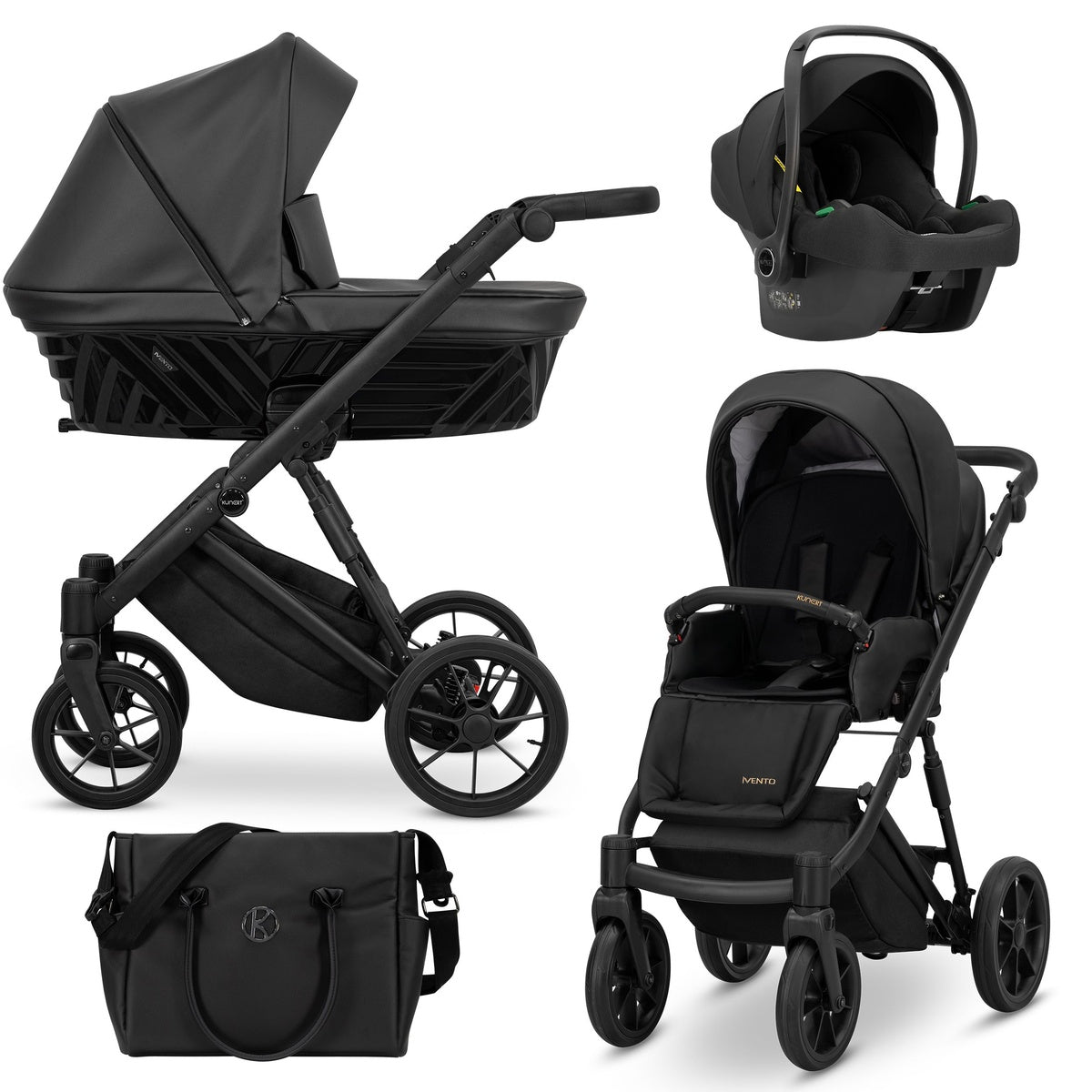 Kombikinderwagen in drei Ansichten: links Seitenansicht mit Babywanne, rechts Frontansicht mit Sportsitz, unten Vorderansicht eines passenden Rucksacks.