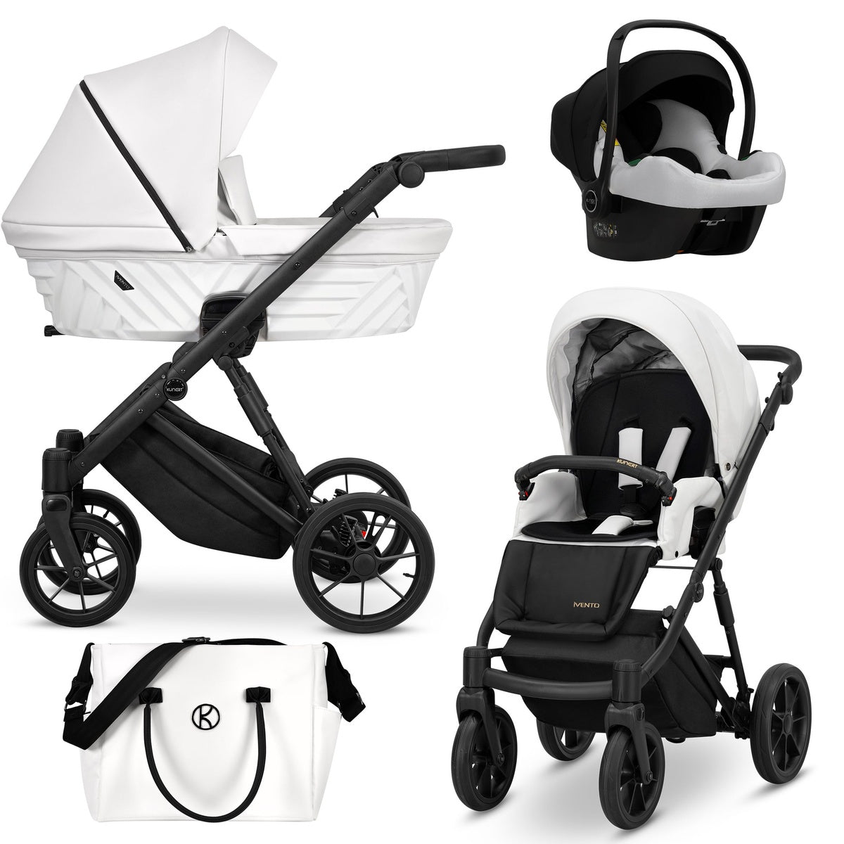 Kombikinderwagen in drei Ansichten: links Seitenansicht mit Babywanne, rechts Frontansicht mit Sportsitz, unten Vorderansicht eines passenden Rucksacks.