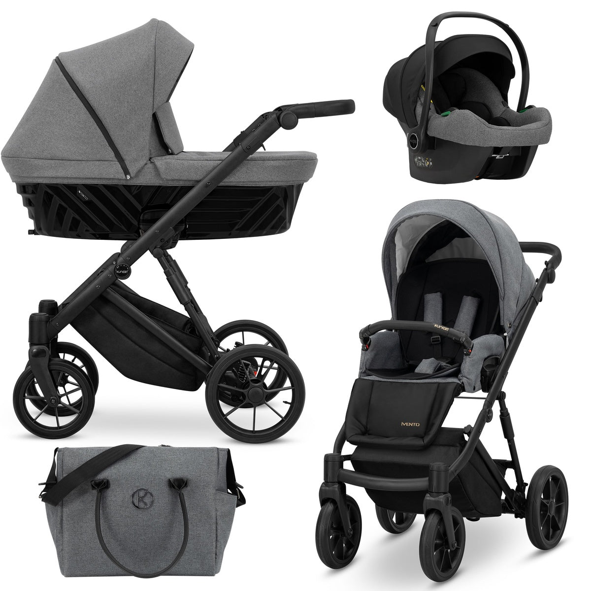 Kombikinderwagen in drei Ansichten: links Seitenansicht mit Babywanne, rechts Frontansicht mit Sportsitz, unten Vorderansicht eines passenden Rucksacks.