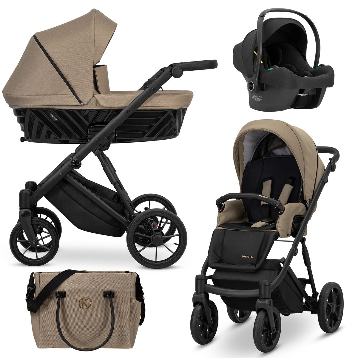 Kombikinderwagen in drei Ansichten: links Seitenansicht mit Babywanne, rechts Frontansicht mit Sportsitz, unten Vorderansicht eines passenden Rucksacks.