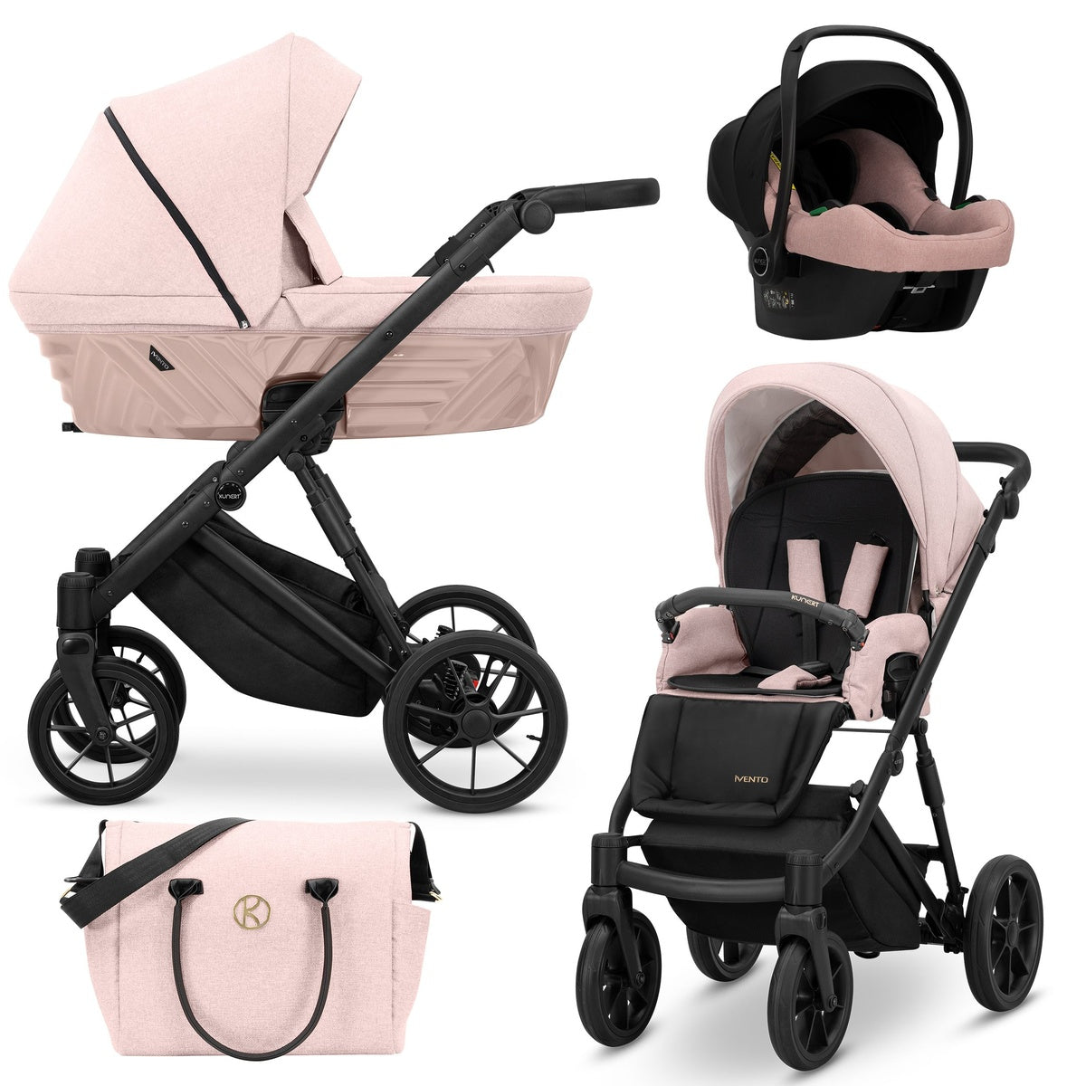Kombikinderwagen in drei Ansichten: links Seitenansicht mit Babywanne, rechts Frontansicht mit Sportsitz, unten Vorderansicht eines passenden Rucksacks.