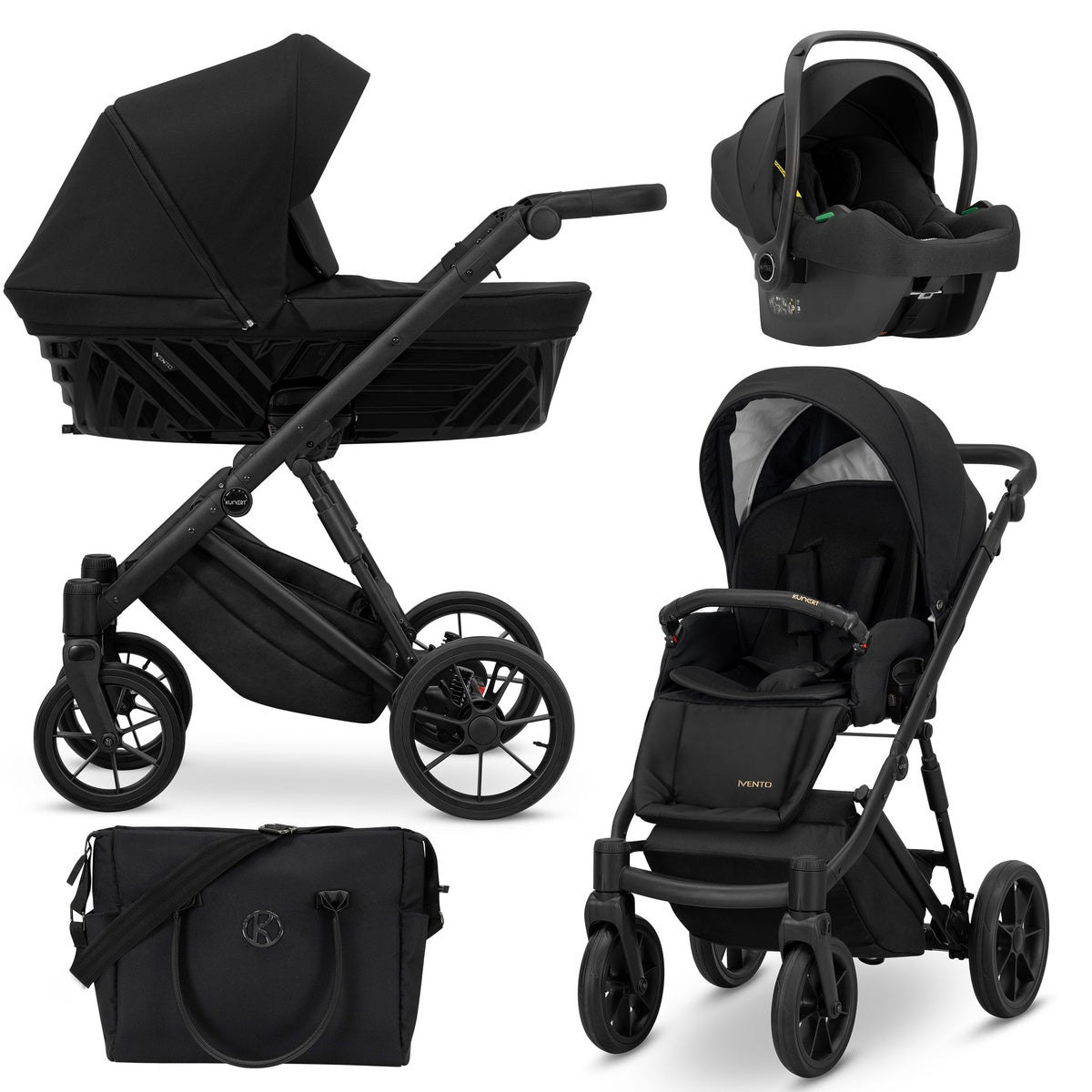 Kombikinderwagen in drei Ansichten: links Seitenansicht mit Babywanne, rechts Frontansicht mit Sportsitz, unten Vorderansicht eines passenden Rucksacks.