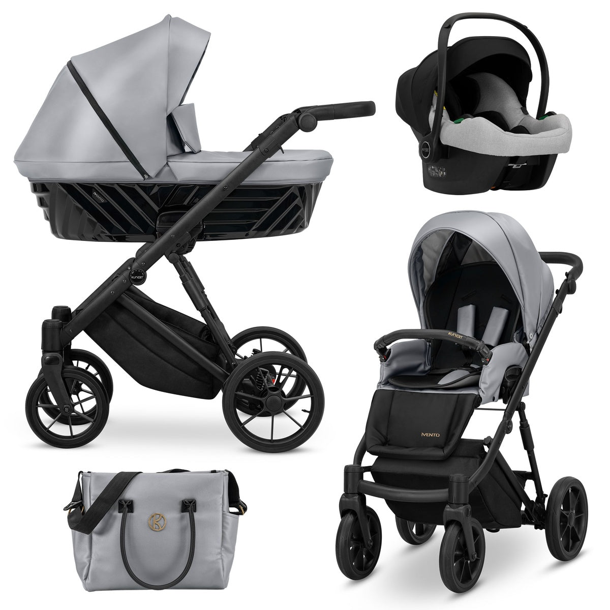 Kombikinderwagen in drei Ansichten: links Seitenansicht mit Babywanne, rechts Frontansicht mit Sportsitz, unten Vorderansicht eines passenden Rucksacks.