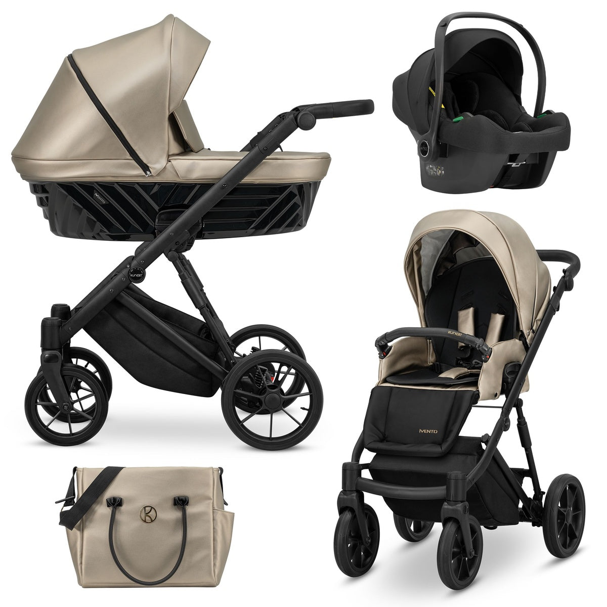 Kombikinderwagen in drei Ansichten: links Seitenansicht mit Babywanne, rechts Frontansicht mit Sportsitz, unten Vorderansicht eines passenden Rucksacks.