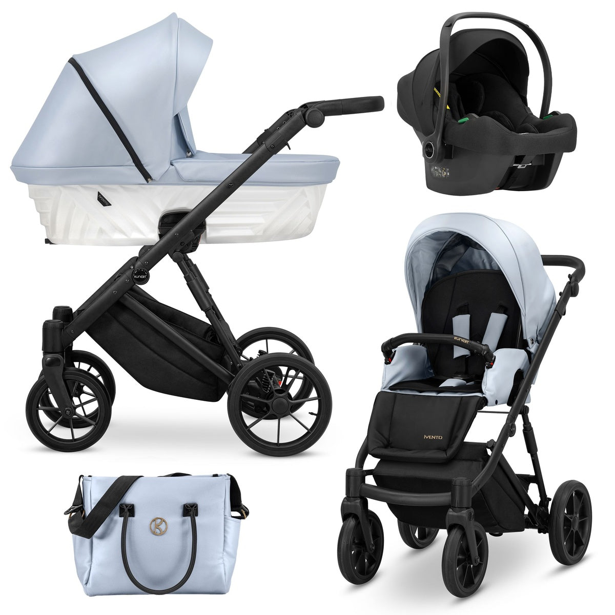 Kombikinderwagen in drei Ansichten: links Seitenansicht mit Babywanne, rechts Frontansicht mit Sportsitz, unten Vorderansicht eines passenden Rucksacks.