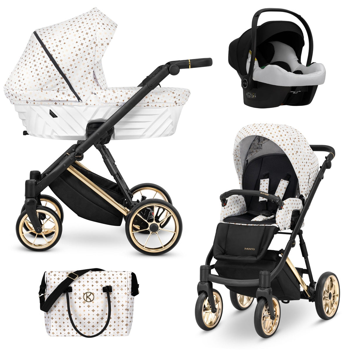 Kombikinderwagen in drei Ansichten: links Seitenansicht mit Babywanne, rechts Frontansicht mit Sportsitz, unten Vorderansicht eines passenden Rucksacks.