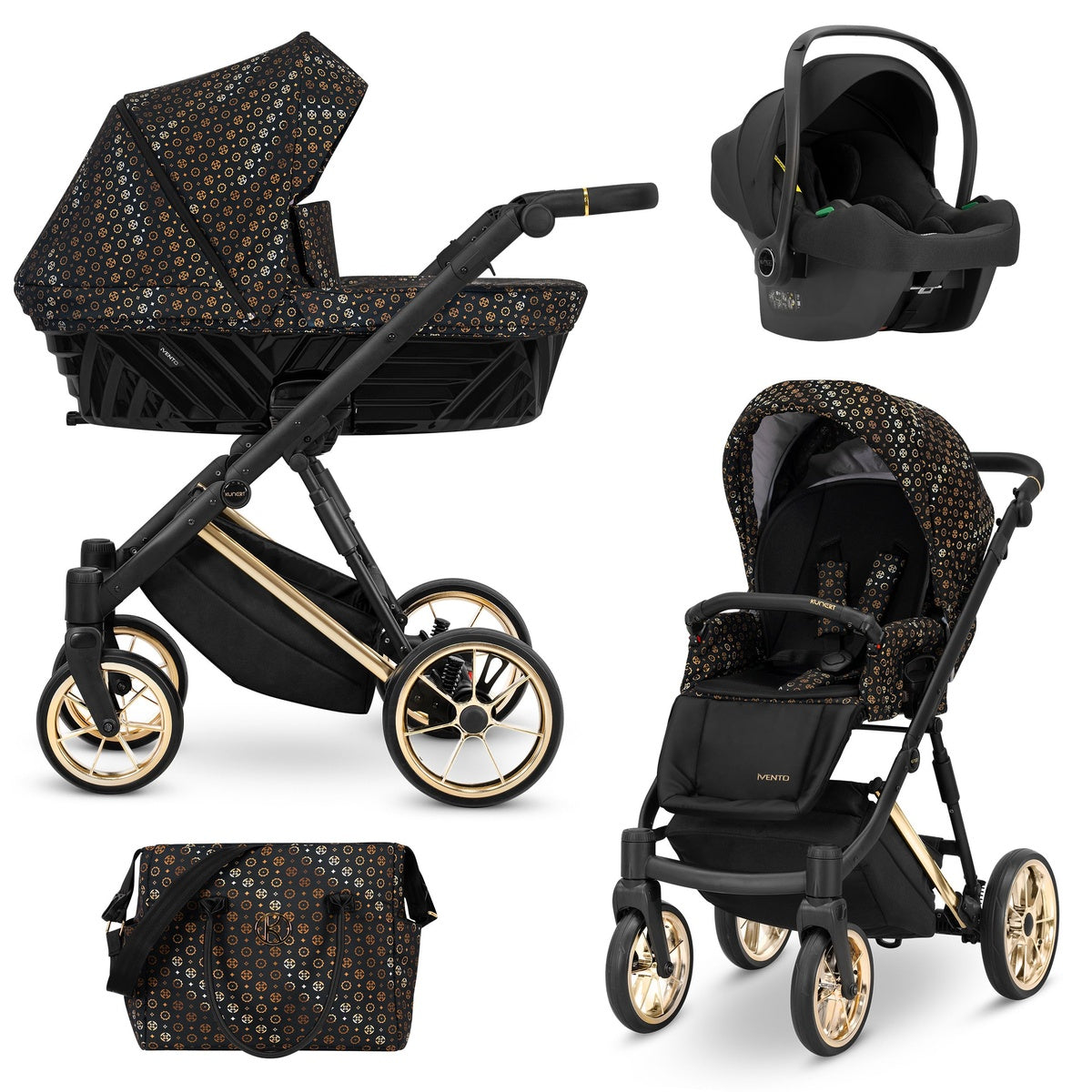 Kombikinderwagen in drei Ansichten: links Seitenansicht mit Babywanne, rechts Frontansicht mit Sportsitz, unten Vorderansicht eines passenden Rucksacks.