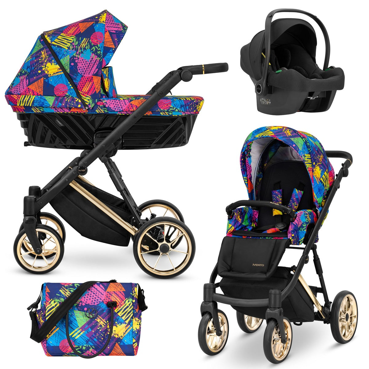Kombikinderwagen in drei Ansichten: links Seitenansicht mit Babywanne, rechts Frontansicht mit Sportsitz, unten Vorderansicht eines passenden Rucksacks.