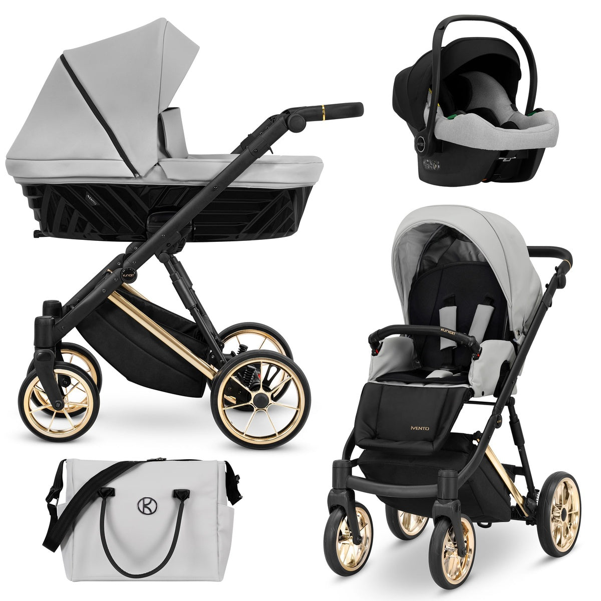 Kombikinderwagen in drei Ansichten: links Seitenansicht mit Babywanne, rechts Frontansicht mit Sportsitz, unten Vorderansicht eines passenden Rucksacks.
