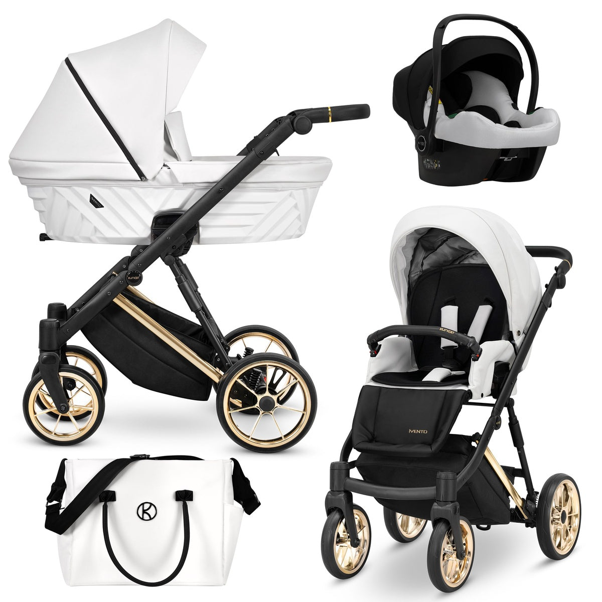 Kombikinderwagen in drei Ansichten: links Seitenansicht mit Babywanne, rechts Frontansicht mit Sportsitz, unten Vorderansicht eines passenden Rucksacks.