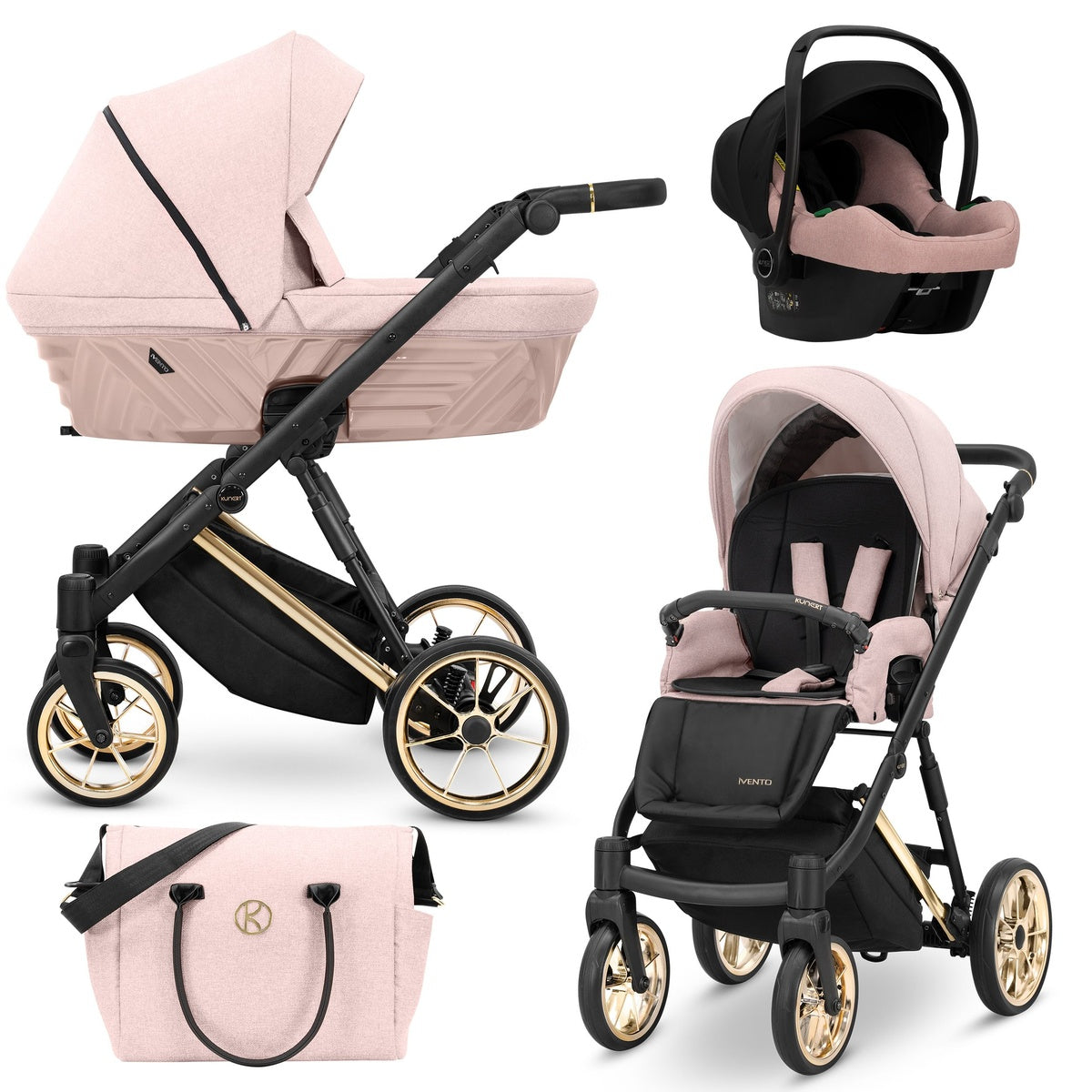 Kombikinderwagen in drei Ansichten: links Seitenansicht mit Babywanne, rechts Frontansicht mit Sportsitz, unten Vorderansicht eines passenden Rucksacks.