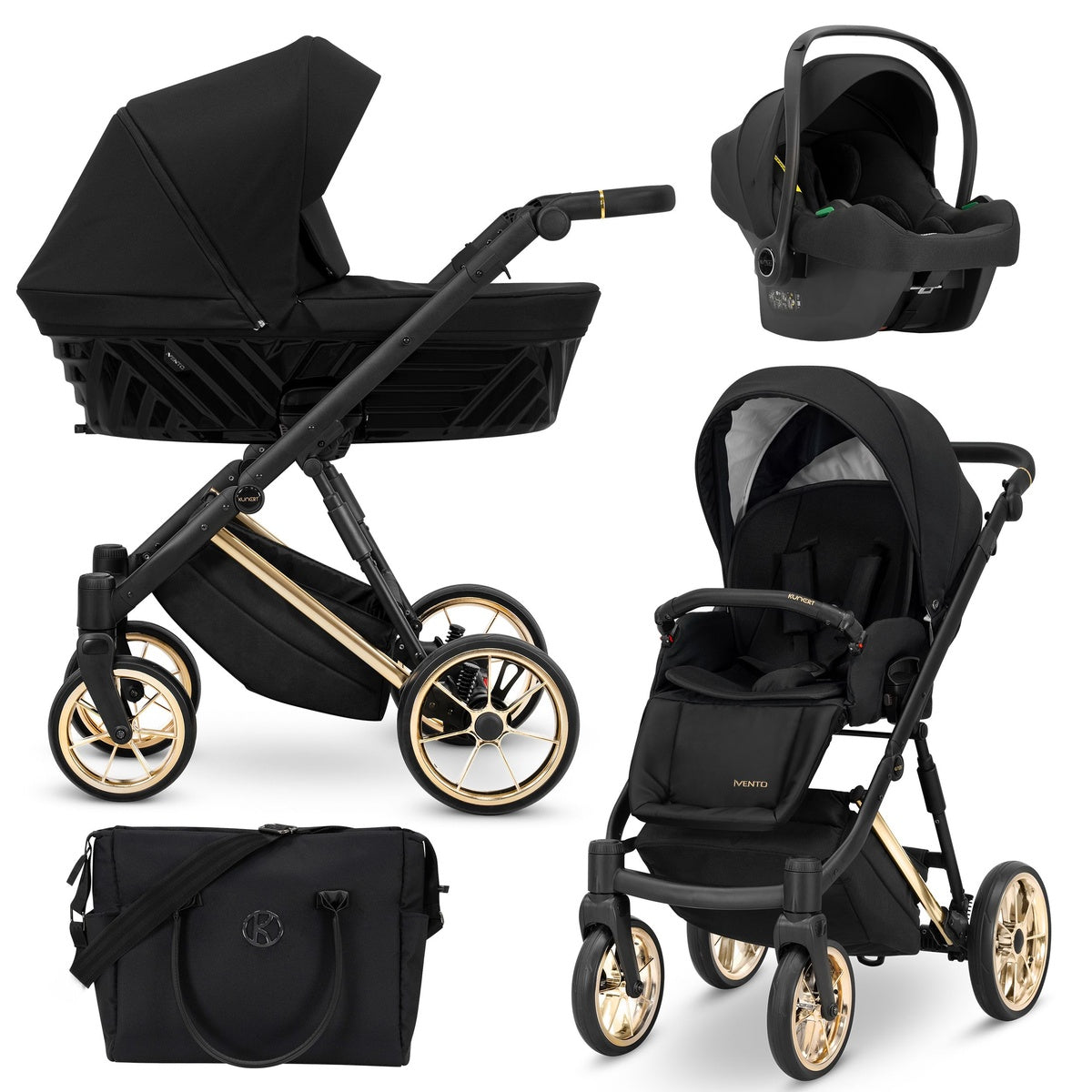 Kombikinderwagen in drei Ansichten: links Seitenansicht mit Babywanne, rechts Frontansicht mit Sportsitz, unten Vorderansicht eines passenden Rucksacks.