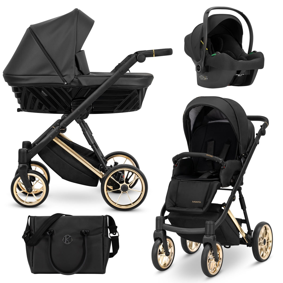 Kombikinderwagen in drei Ansichten: links Seitenansicht mit Babywanne, rechts Frontansicht mit Sportsitz, unten Vorderansicht eines passenden Rucksacks.