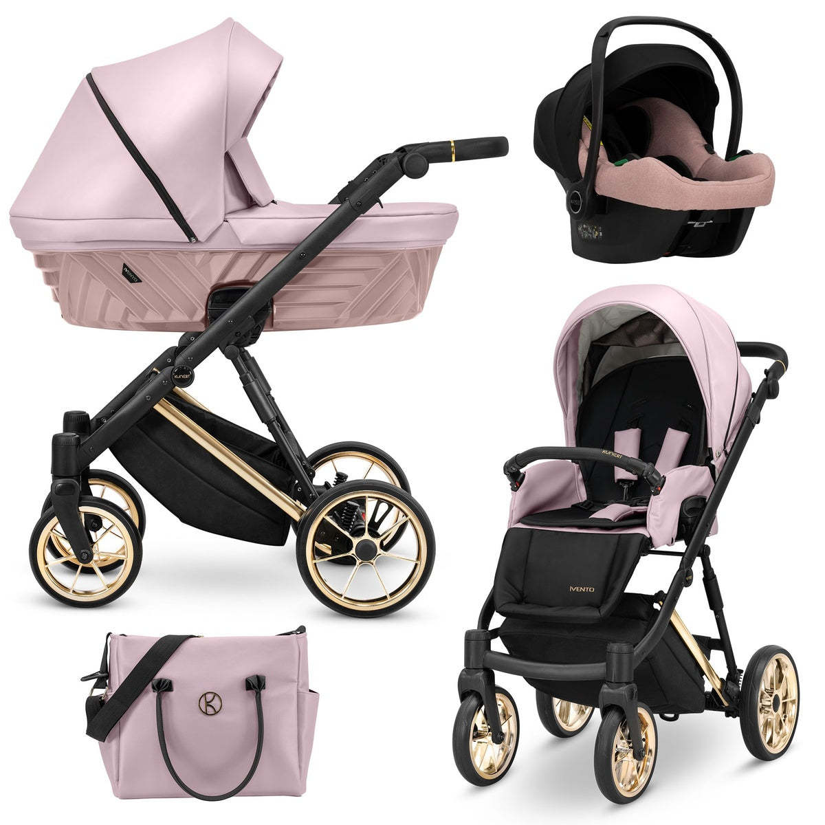 Kombikinderwagen in drei Ansichten: links Seitenansicht mit Babywanne, rechts Frontansicht mit Sportsitz, unten Vorderansicht eines passenden Rucksacks.