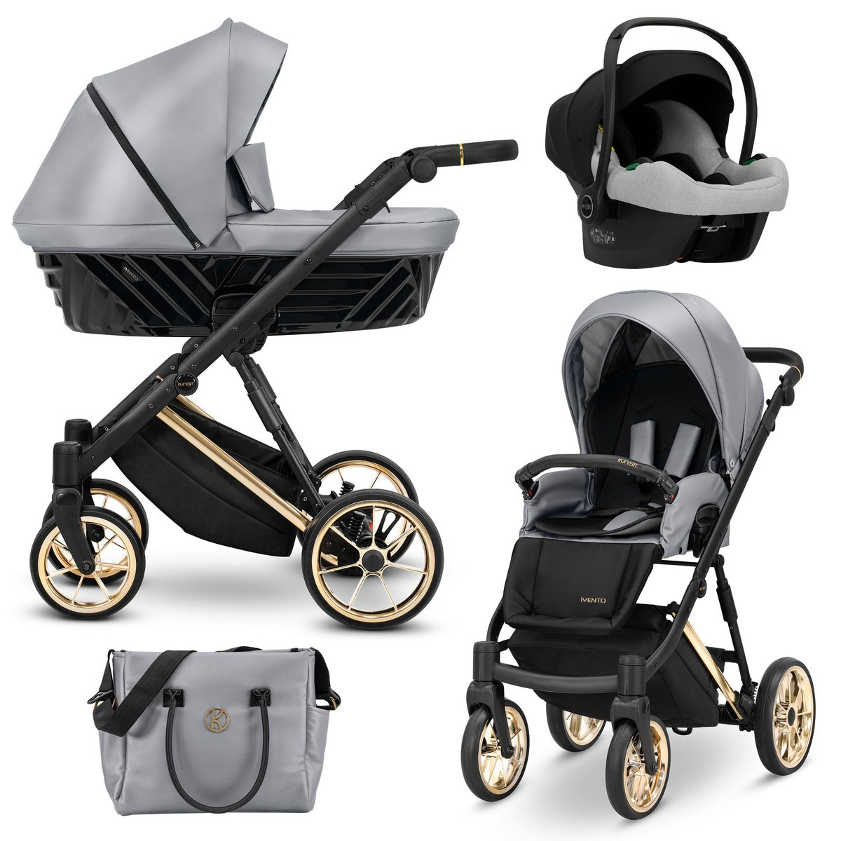 Kombikinderwagen in drei Ansichten: links Seitenansicht mit Babywanne, rechts Frontansicht mit Sportsitz, unten Vorderansicht eines passenden Rucksacks.