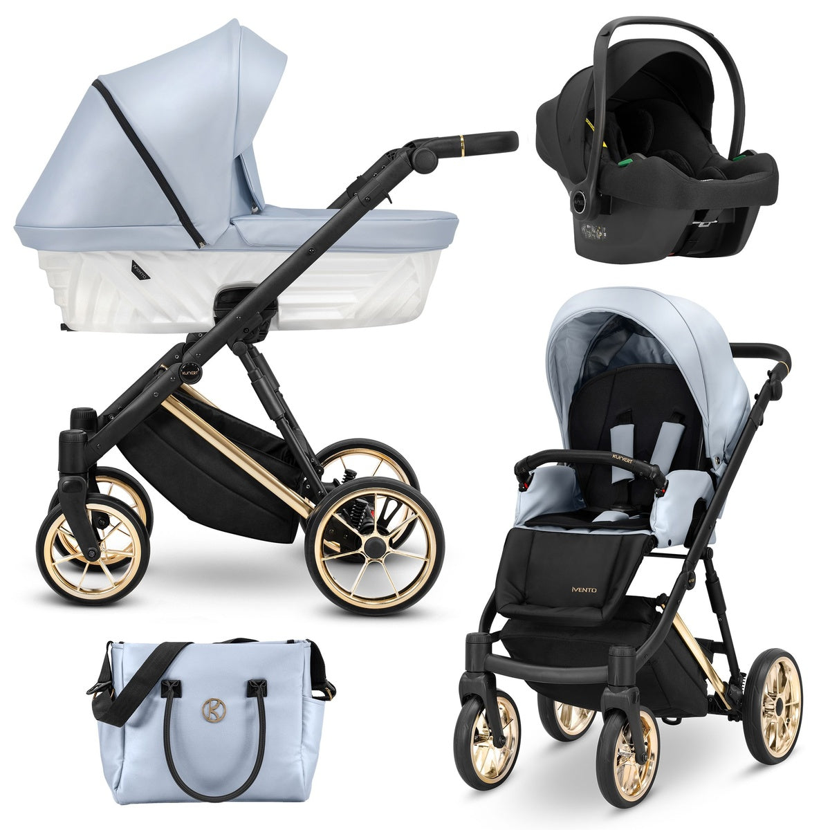 Kombikinderwagen in drei Ansichten: links Seitenansicht mit Babywanne, rechts Frontansicht mit Sportsitz, unten Vorderansicht eines passenden Rucksacks.