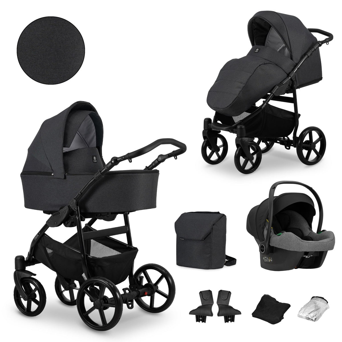 Kombikinderwagen in zwei Ansichten: links Seitenansicht mit Babywanne, rechts Frontansicht mit Sportsitz, unten Vorderansicht einer passenden Tragetasche und zwei Zubehörtaschen, rechts oben Ansicht eines passenden Autositz dazu.