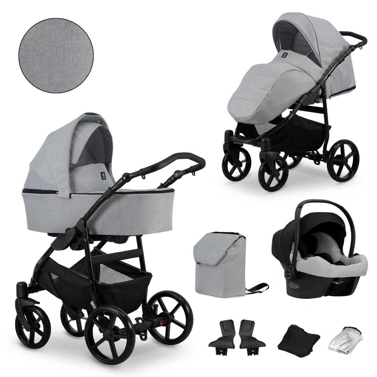 Kombikinderwagen in zwei Ansichten: links Seitenansicht mit Babywanne, rechts Frontansicht mit Sportsitz, unten Vorderansicht einer passenden Tragetasche und zwei Zubehörtaschen, rechts oben Ansicht eines passenden Autositz dazu.