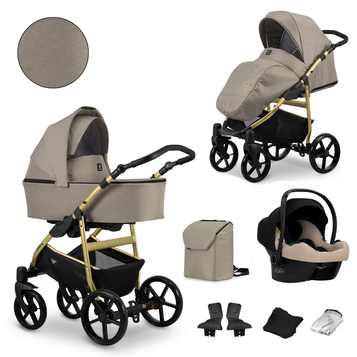 Kombikinderwagen in zwei Ansichten: links Seitenansicht mit Babywanne, rechts Frontansicht mit Sportsitz, unten Vorderansicht einer passenden Tragetasche und zwei Zubehörtaschen.