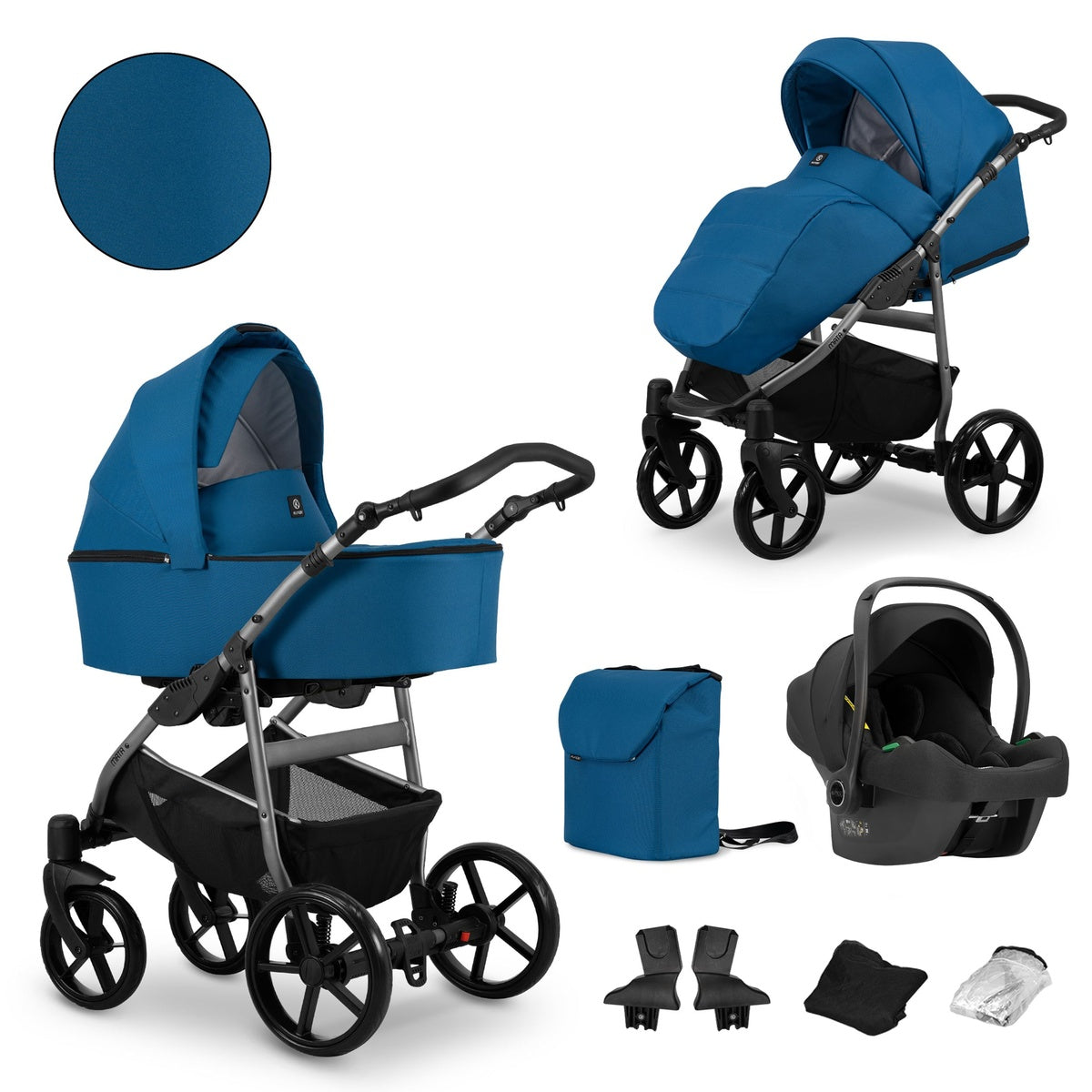 Kombikinderwagen in zwei Ansichten: links Seitenansicht mit Babywanne, rechts Frontansicht mit Sportsitz, unten Vorderansicht einer passenden Tragetasche und zwei Zubehörtaschen, rechts unten Ansicht eines passenden Autositzes dazu.