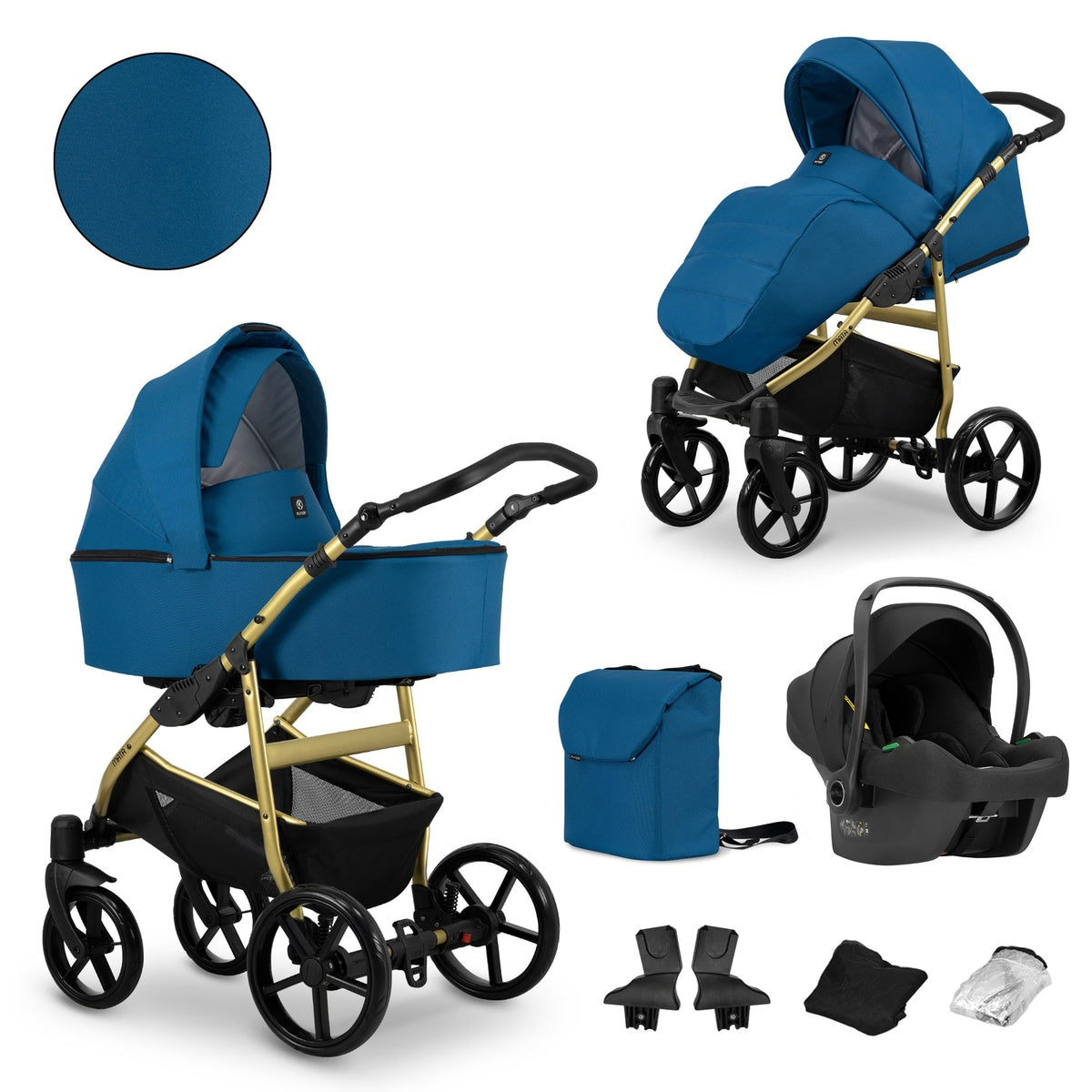Kombikinderwagen in zwei Ansichten: links Seitenansicht mit Babywanne, rechts Frontansicht mit Sportsitz, unten Vorderansicht einer passenden Tragetasche und zwei Zubehörtaschen.