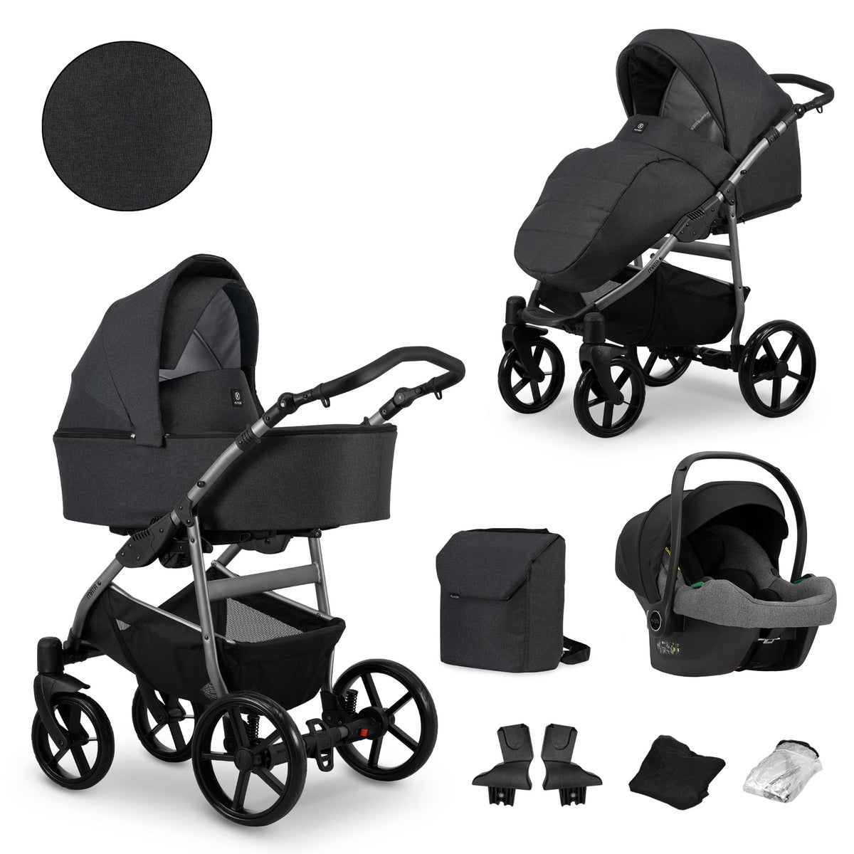 Kombikinderwagen in zwei Ansichten: links Seitenansicht mit Babywanne, rechts Frontansicht mit Sportsitz, unten Vorderansicht einer passenden Tragetasche und zwei Zubehörtaschen, rechts unten Ansicht eines passenden Autositzes dazu.