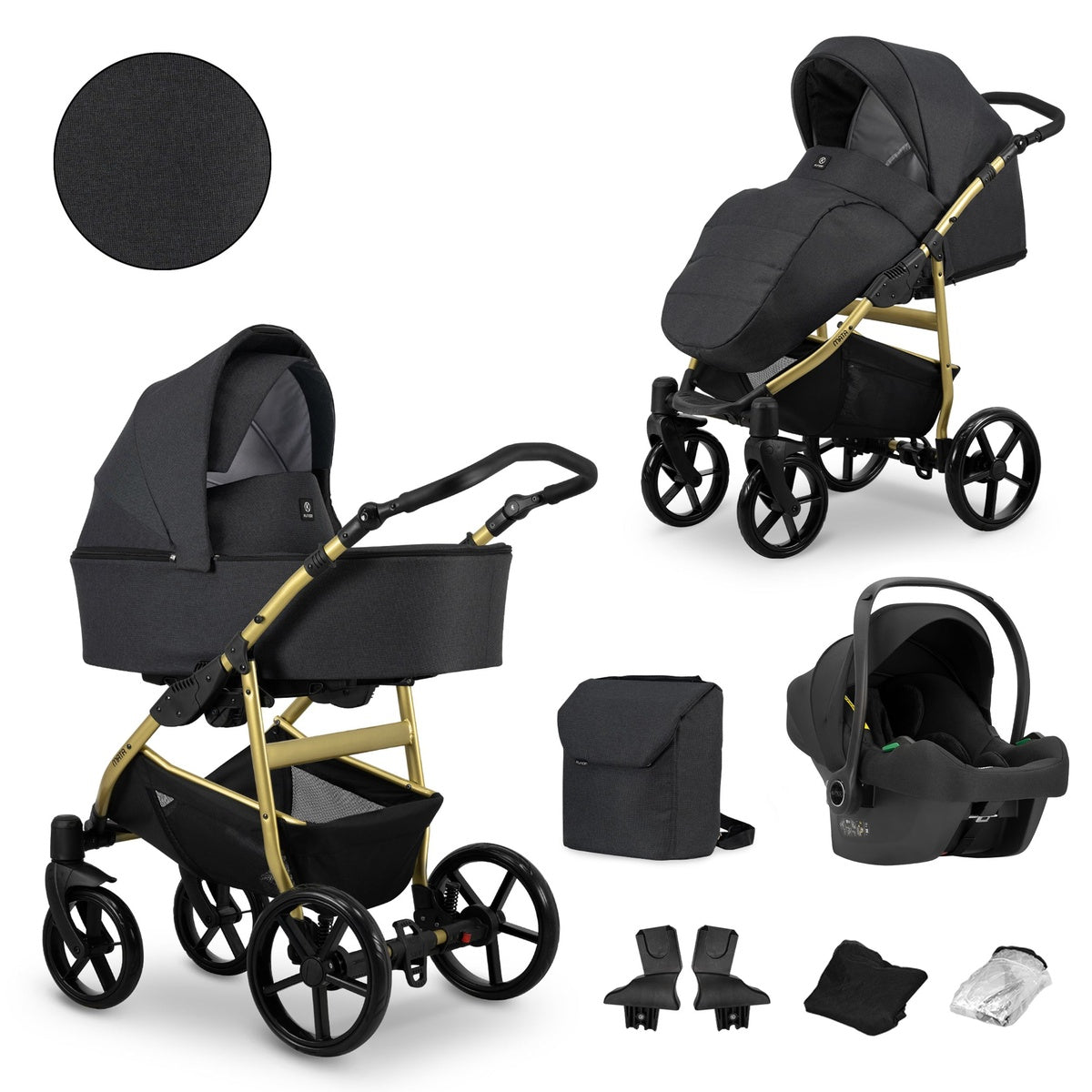 Kombikinderwagen in zwei Ansichten: links Seitenansicht mit Babywanne, rechts Frontansicht mit Sportsitz, unten Vorderansicht einer passenden Tragetasche und zwei Zubehörtaschen.