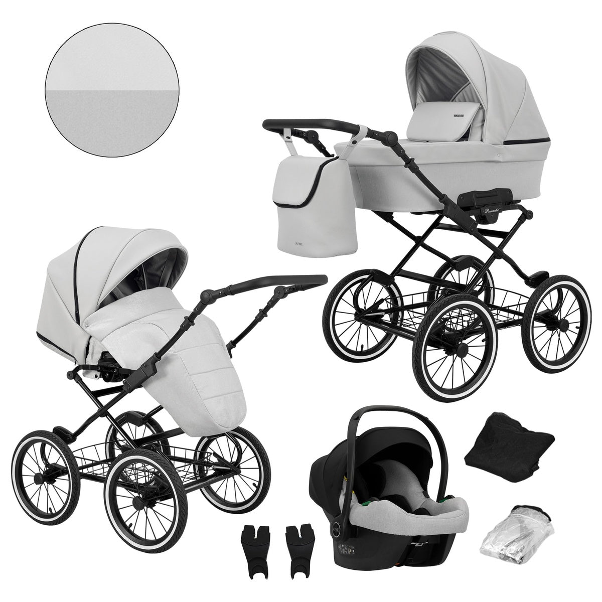 Kombikinderwagen in drei Perspektiven: links die linke Seitenansicht, rechts die rechte Seitenansicht. Abgebildet mit passendem Rucksack, Fliegennetz, Regenschutz sowie ein Autositz im unteren Bereich.