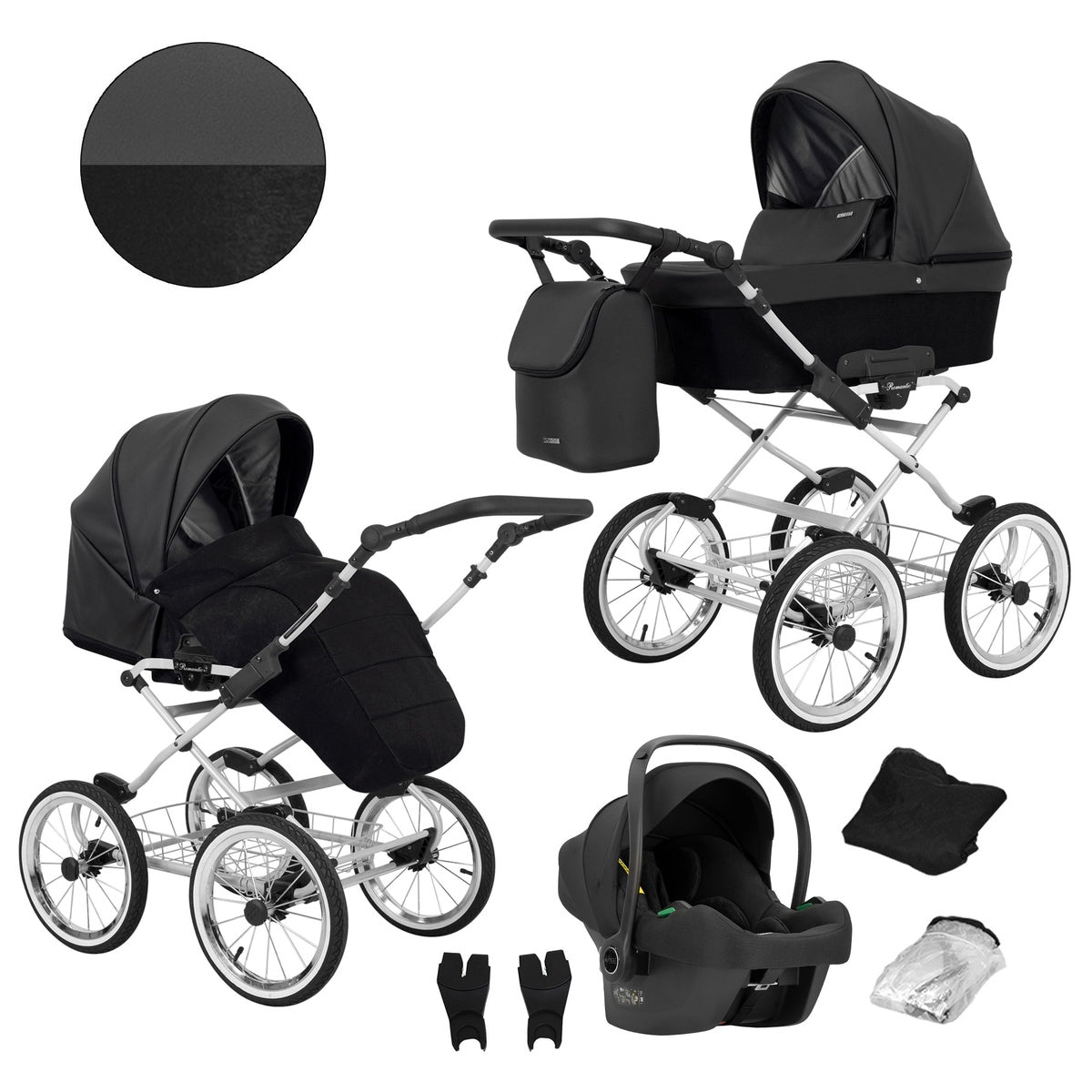 Kombikinderwagen in drei Perspektiven: links die linke Seitenansicht, rechts die rechte Seitenansicht. Abgebildet mit passender Tasche, Fliegennetz, Regenschutz sowie ein Autositz im unteren Bereich